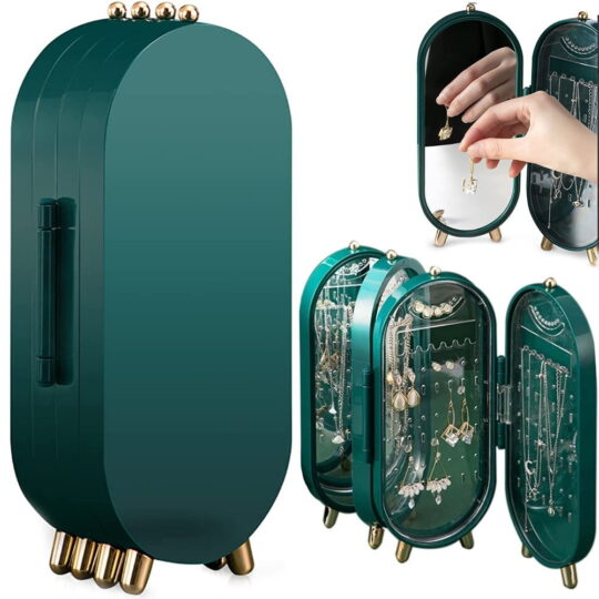 Škatla za nakit z ogledalom - Dragulji (smaragdno/bela)