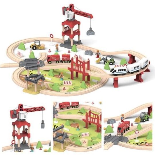 100-delna otroška lesena proga - Cargo Express z žerjavom