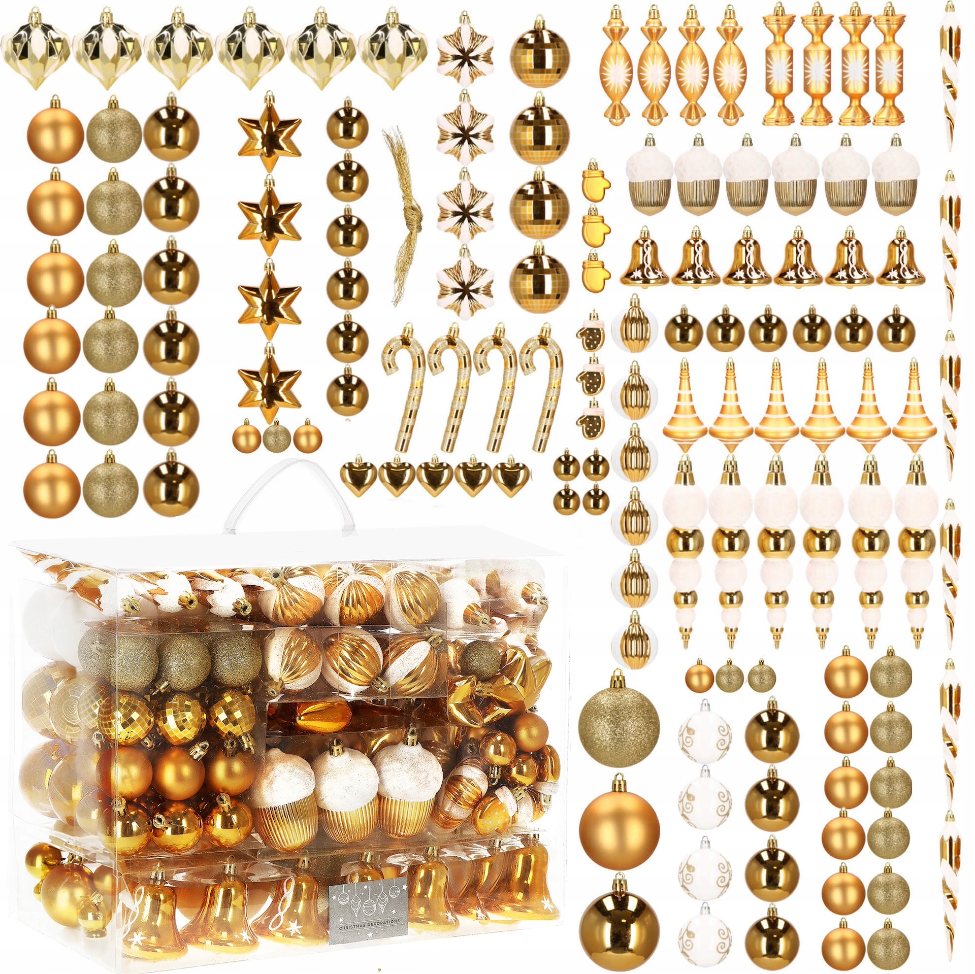 BOŽIČNE KROGLE 149 KOSOV XXL KOMPLET ZLATIH NEOMAJLJIVIH BOŽIČNIH KROG Z MEŠANIM VZORCEM Znamka Springos