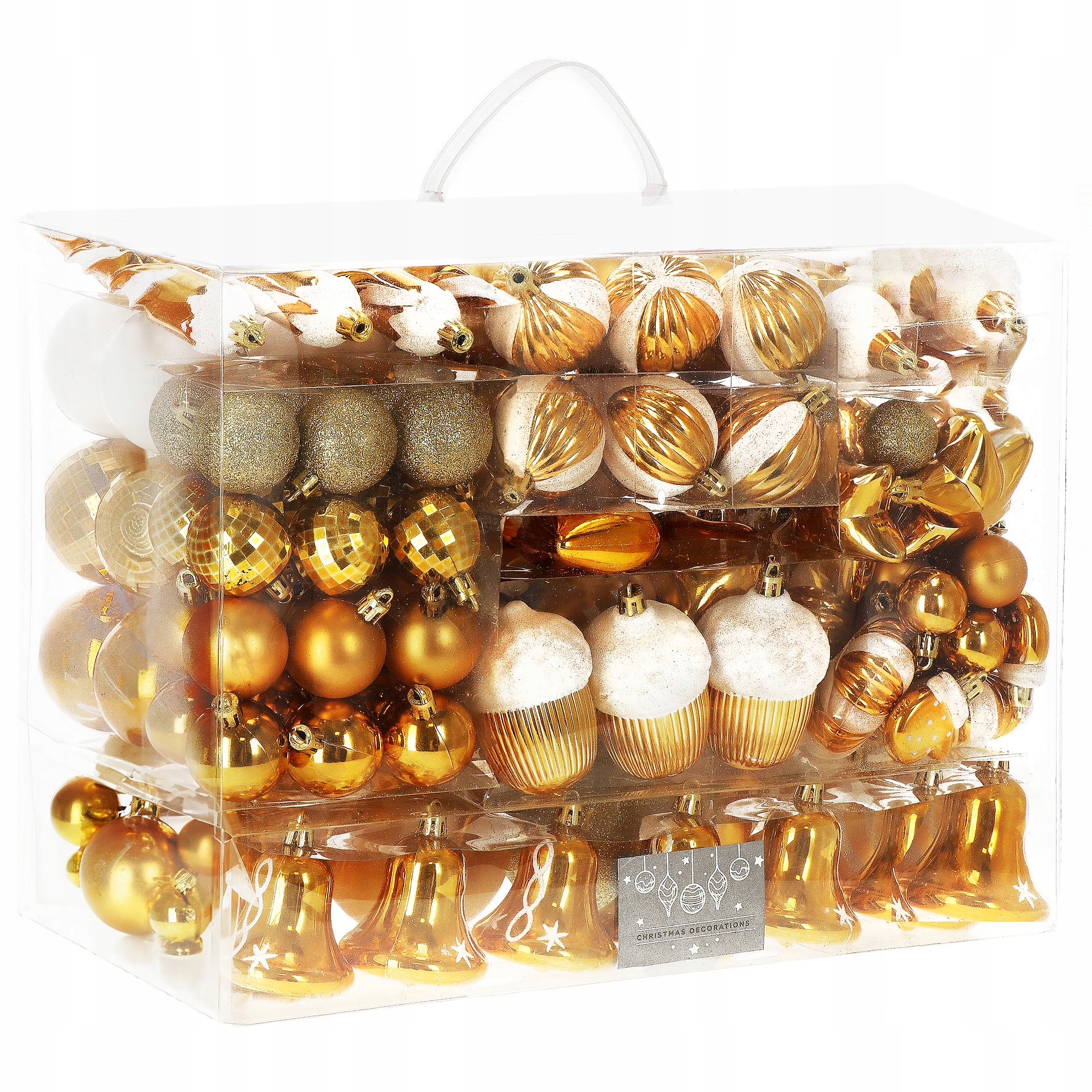 BOŽIČNE KROGLE 149 KOSOV, KOMPLET XXL, ZLATE, ODPORNJE NA RAZBITJE, MEŠANICA VZORCEV BOŽIČNE DREVCE