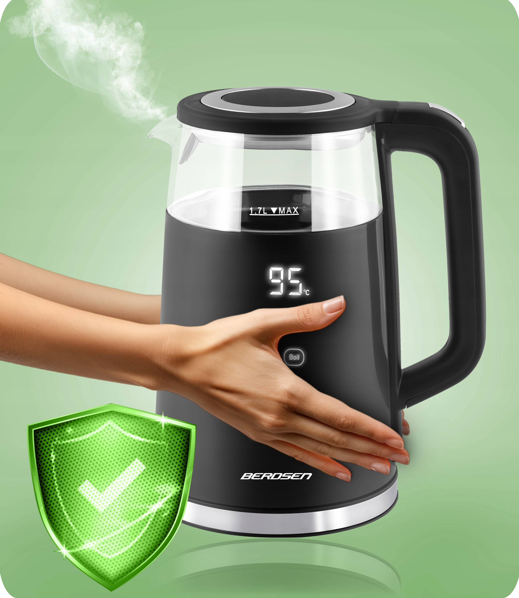 ELEKTRIČNI GRELNIK VODE Z REGULACIJO TEMPERATURE 2200 W, PLOŠČA NA DOTIK 1,7 L BERDSEN, Prevladujoča črna barva