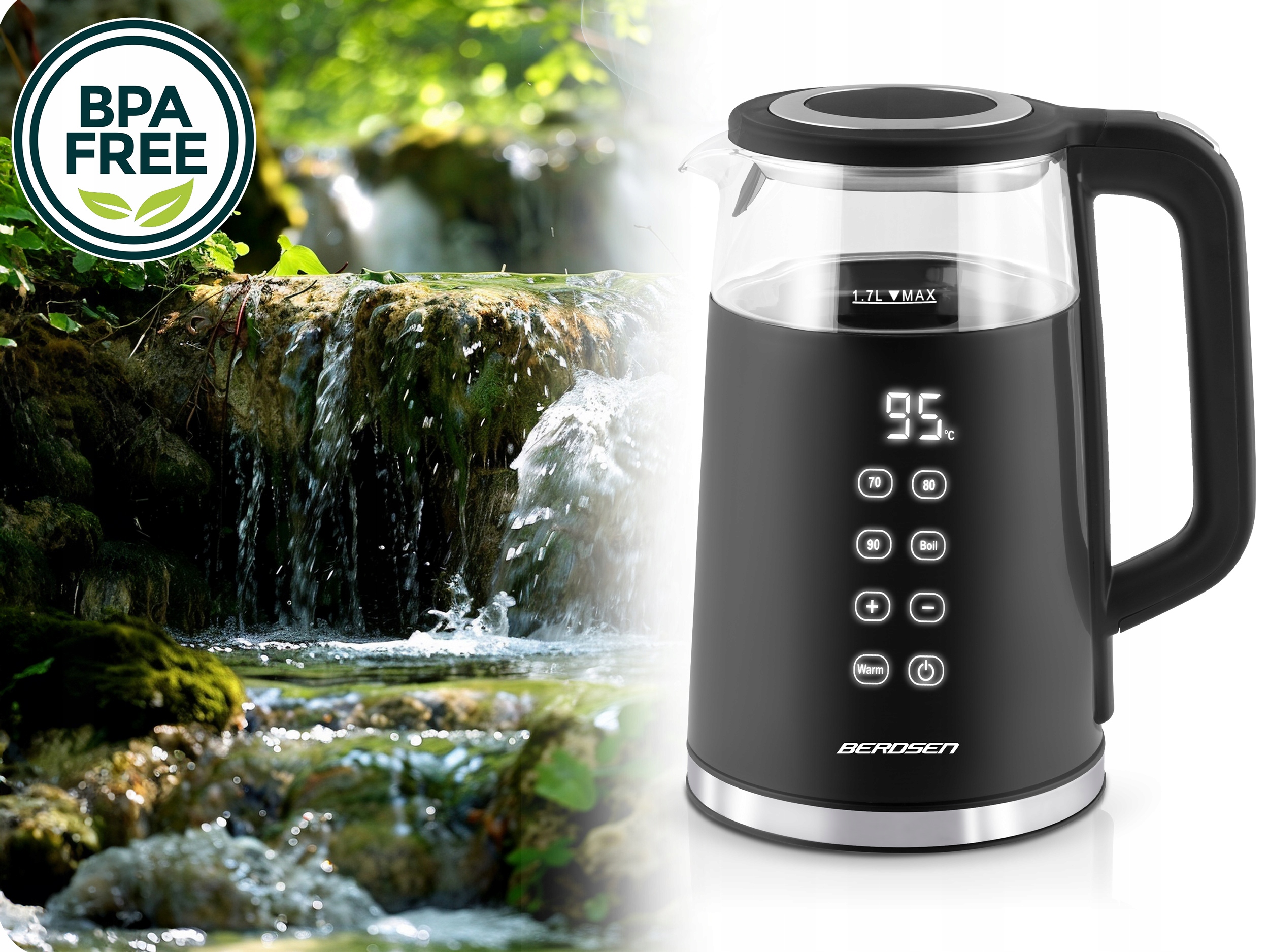 ELEKTRIČNI GRELNIK VODE Z REGULACIJO TEMPERATURE 2200 W, ZASLON NA DOTIK, 1,7 L, BERDSEN Moč 2200 W