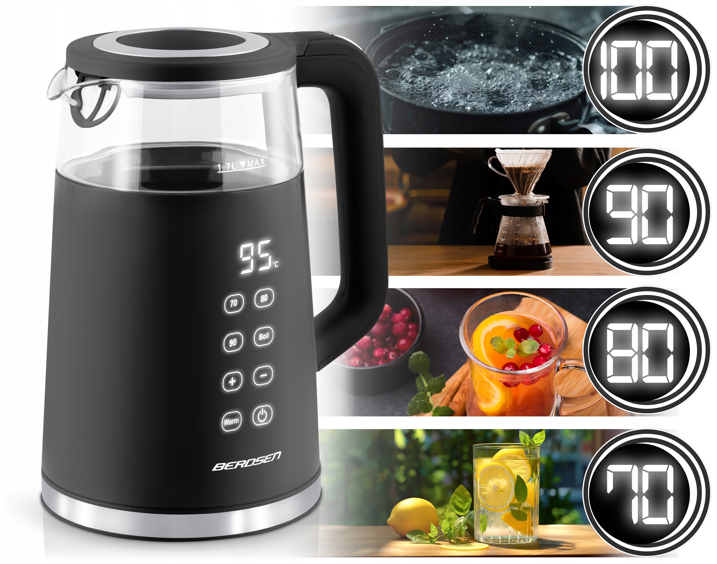 ELEKTRIČNI GRELNIK VODE Z REGULACIJO TEMPERATURE 2200 W, ZASLON NA DOTIK 1,7 L, BERDSEN Model BD-707