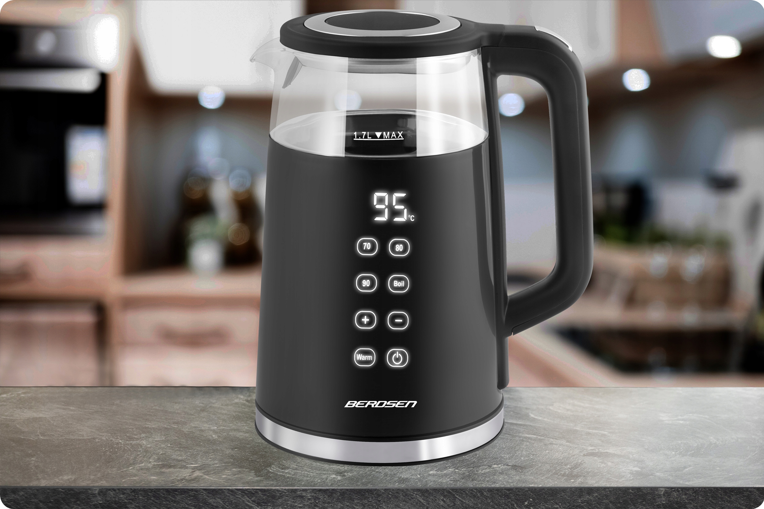 ELEKTRIČNI GRELNIK VODE Z REGULACIJO TEMPERATURE 2200 W, ZASLON NA DOTIK 1,7 L BERDSEN, Širina izdelka 25 cm