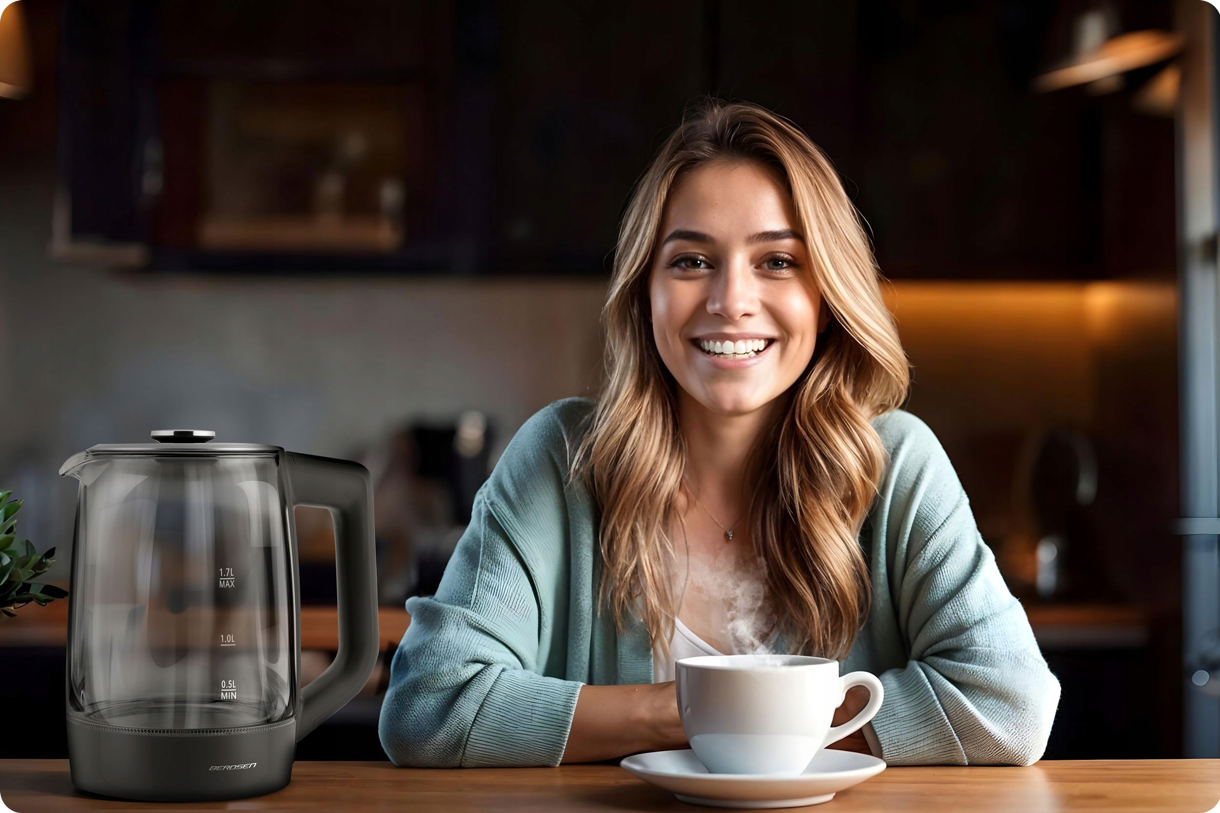 ELEKTRIČNI GRELNIK VODE Z REGULACIJO TEMPERATURE 2200 W BERDSEN 1,7 L Globina izdelka 15 cm