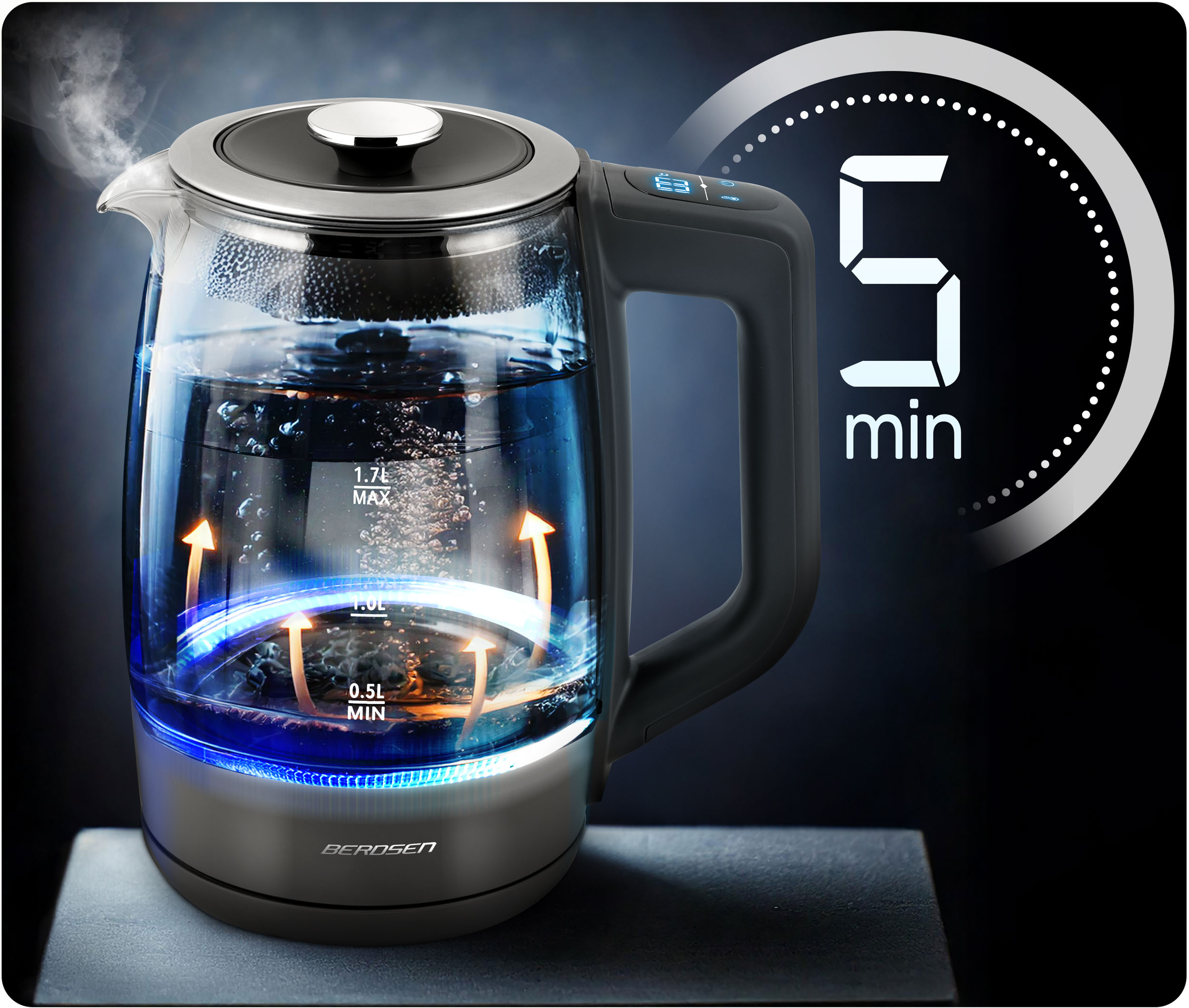 ELEKTRIČNI GRELNIK VODE Z REGULATORJEM TEMPERATURE 2200 W BERDSEN 1,7 L Model BD-711