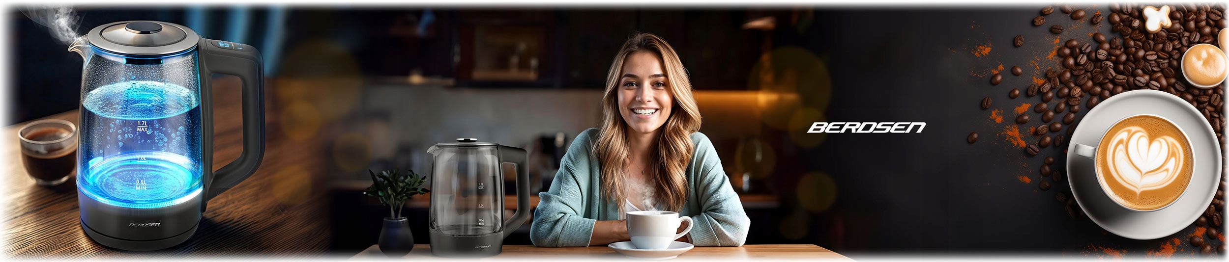 ELEKTRIČNI GRELNIK VODE Z REGULACIJO TEMPERATURE 2200 W BERDSEN 1,7 L Vrtljivo podnožje da