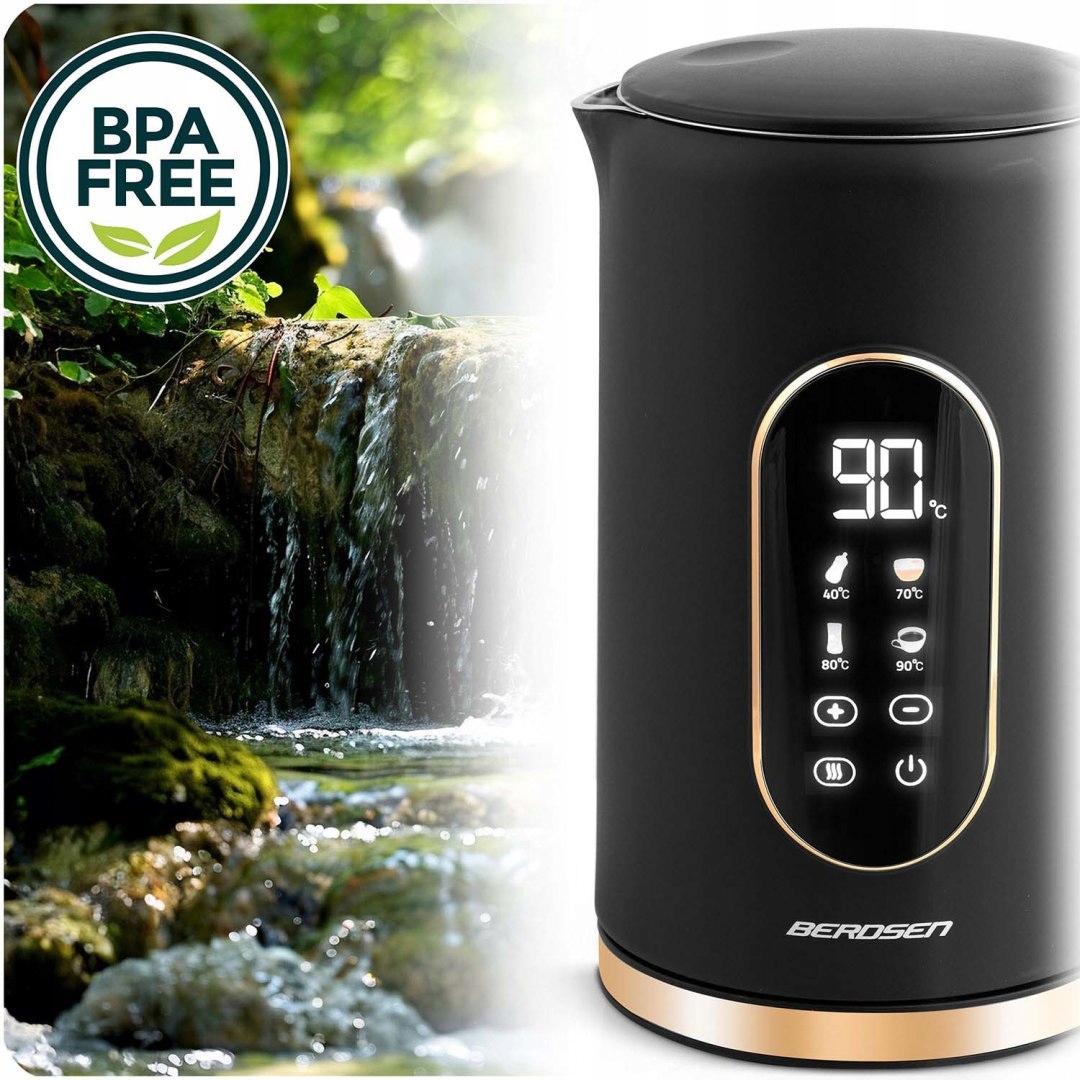 Električni grelnik vode z regulacijo temperature 1,7 l 2200 W, zaslon na dotik, kovinski, prevladujoča barva rumena/zlata