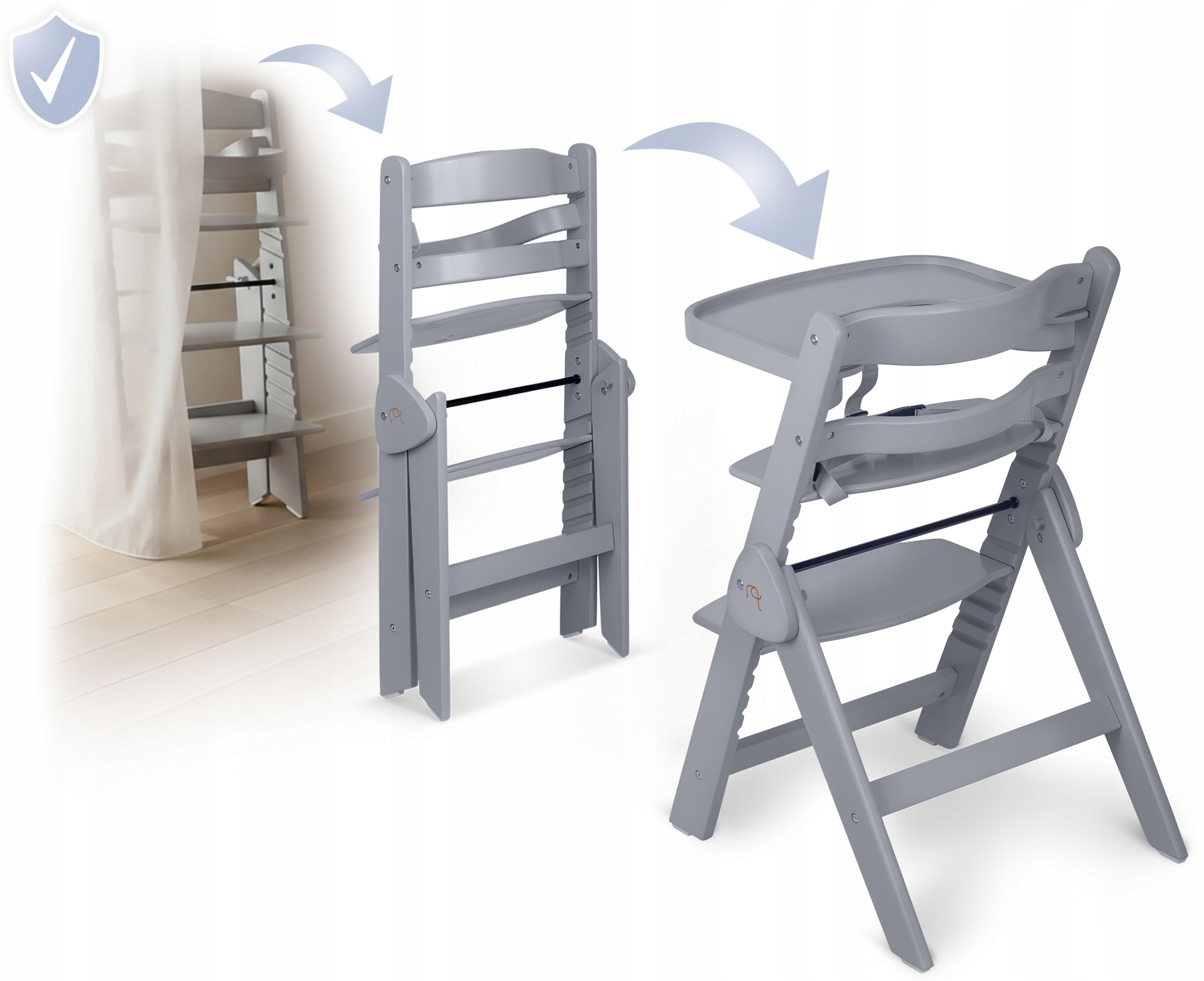 LESENI ZLOŽLJIVI OTROŠKI STOL z nastavljivimi trakovi. Barva: odtenki sive in srebrne.