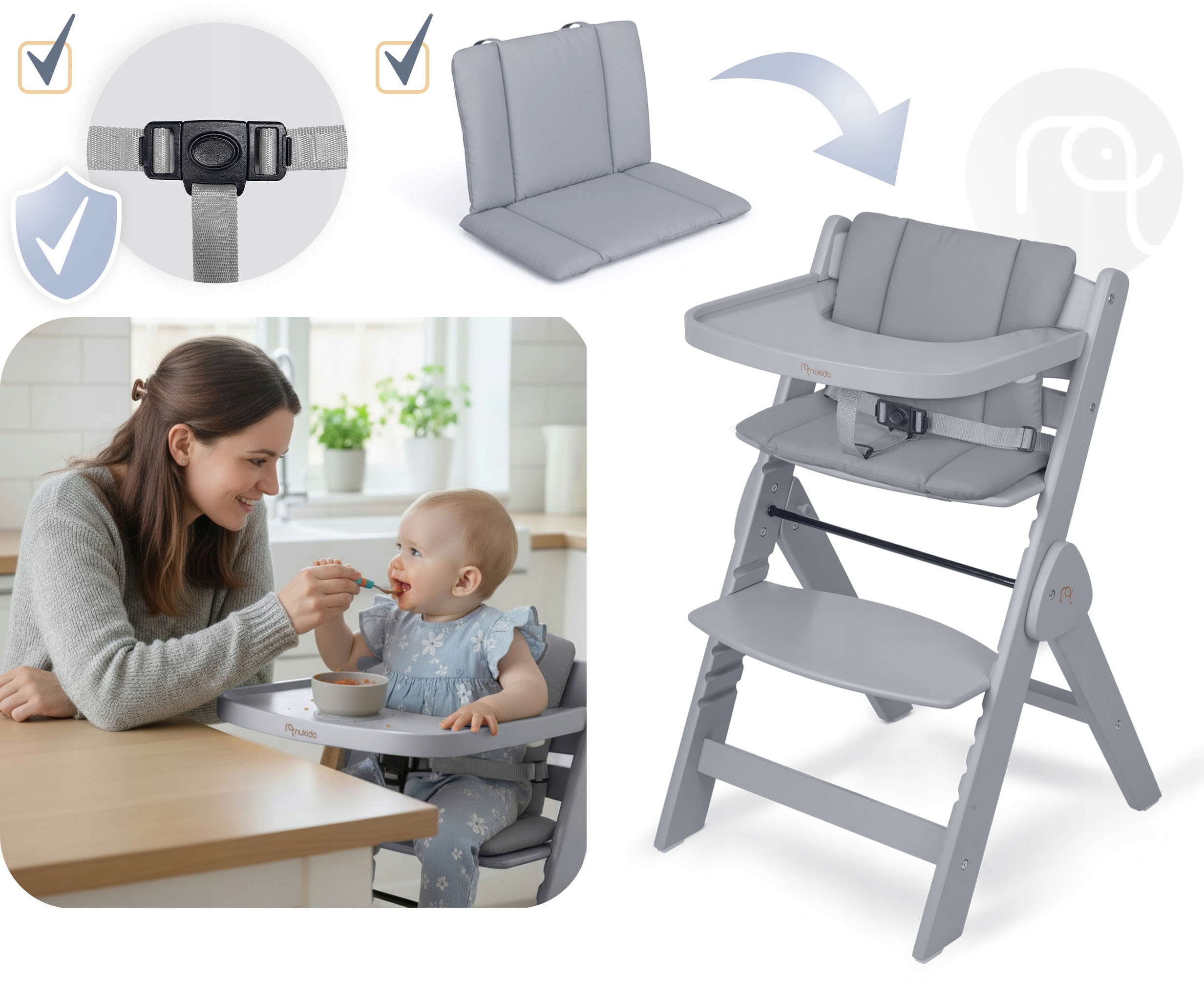 LESENI ZLOŽLJIVI OTROŠKI STOL z nastavljivimi trakovi Največja teža otroka 50 kg