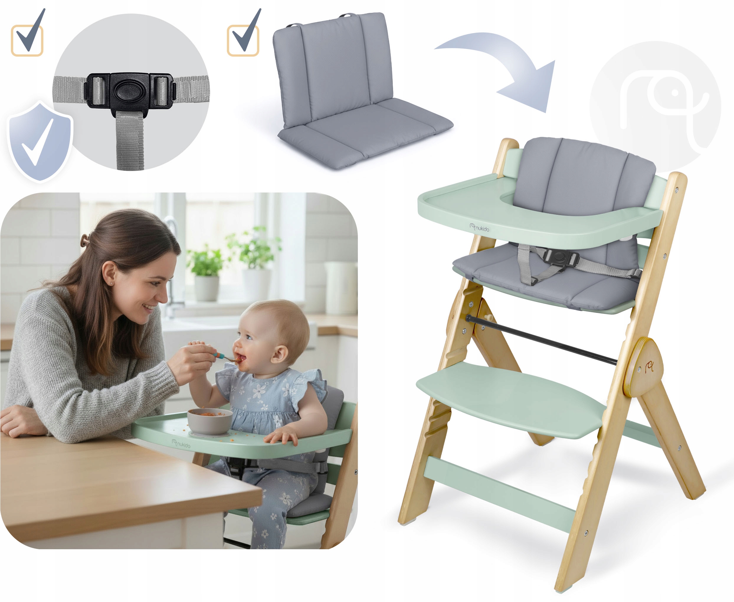 LESENI ZLOŽLJIVI OTROŠKI STOL z nastavljivimi trakovi Največja teža otroka 50 kg