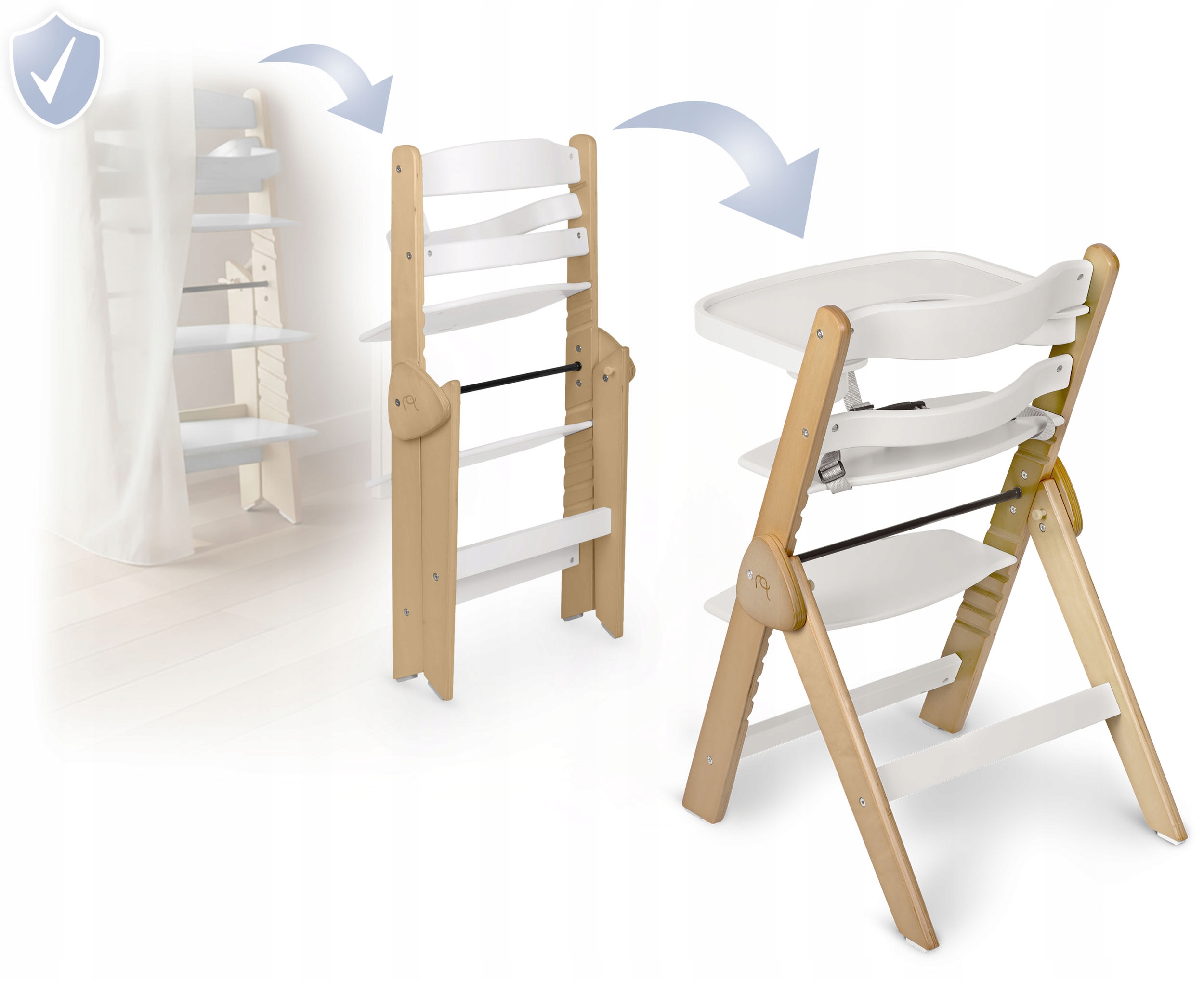 ZLOŽLJIV LESENI OTROŠKI STOL z nastavljivimi trakovi NUKIDO Barva: bela, odtenki rjave in bež