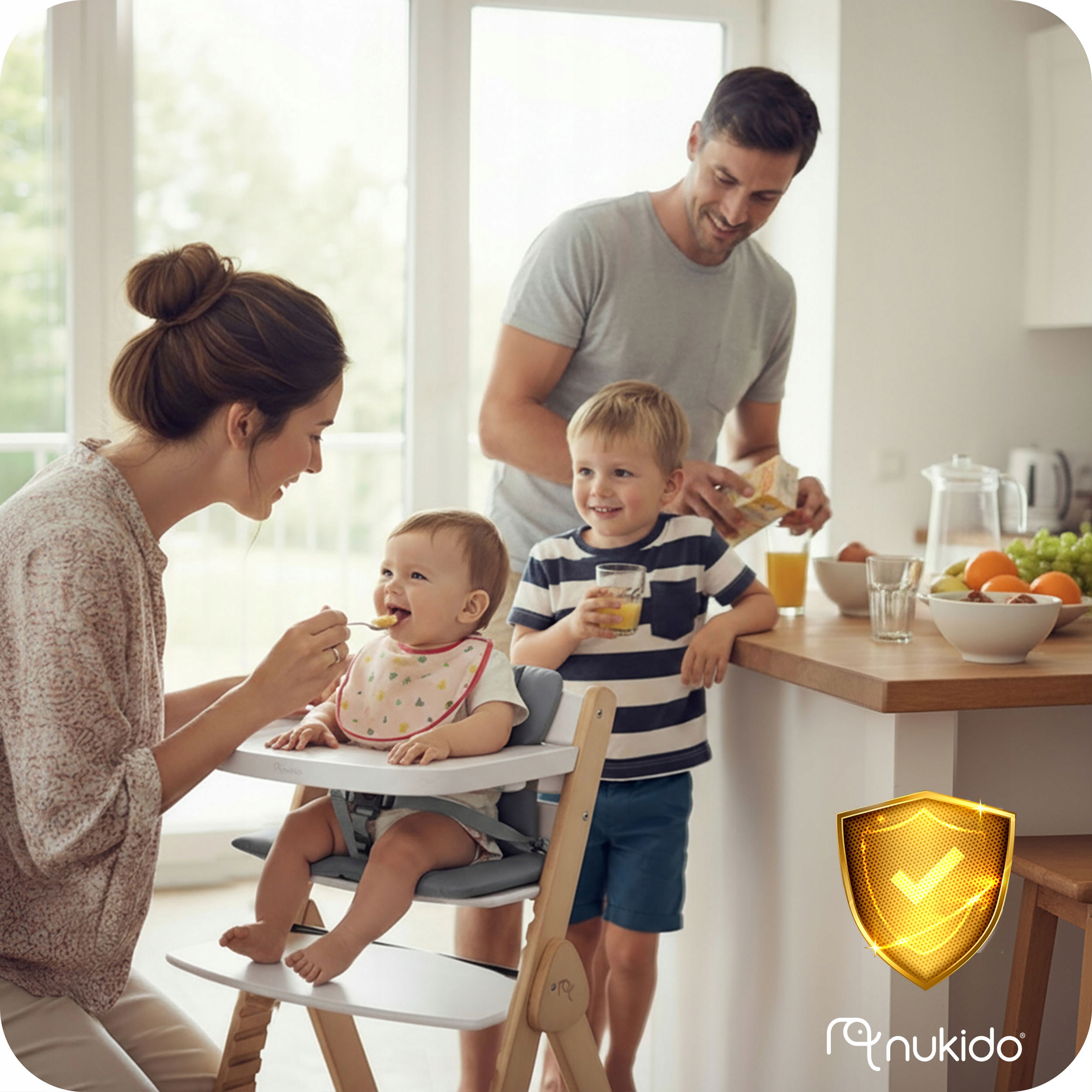 ZLOŽLJIV LESENI STOL NUKID z nastavljivimi trakovi. Največja teža otroka 50 kg.