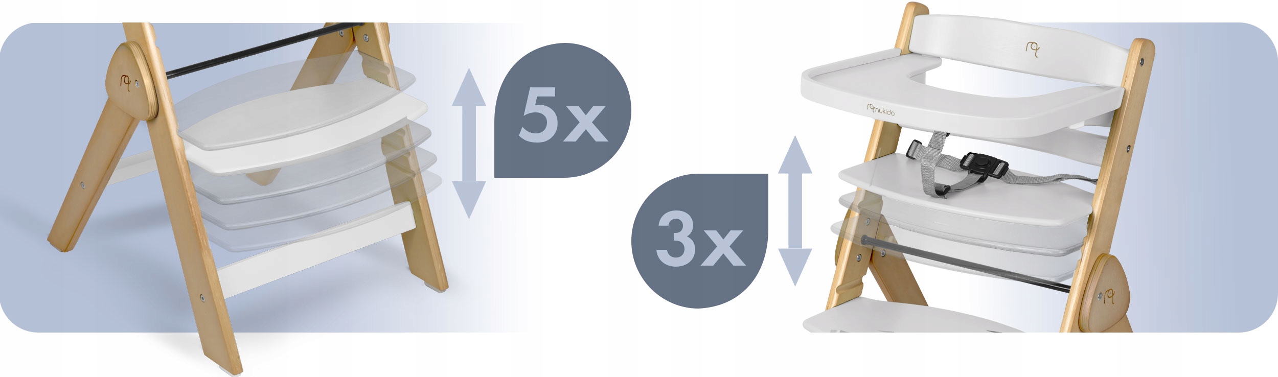 ZLOŽLJIV LESENI STOLČEK ZA HRANJENJE, nastavljivi trakovi NUKIDO, drugi materiali
