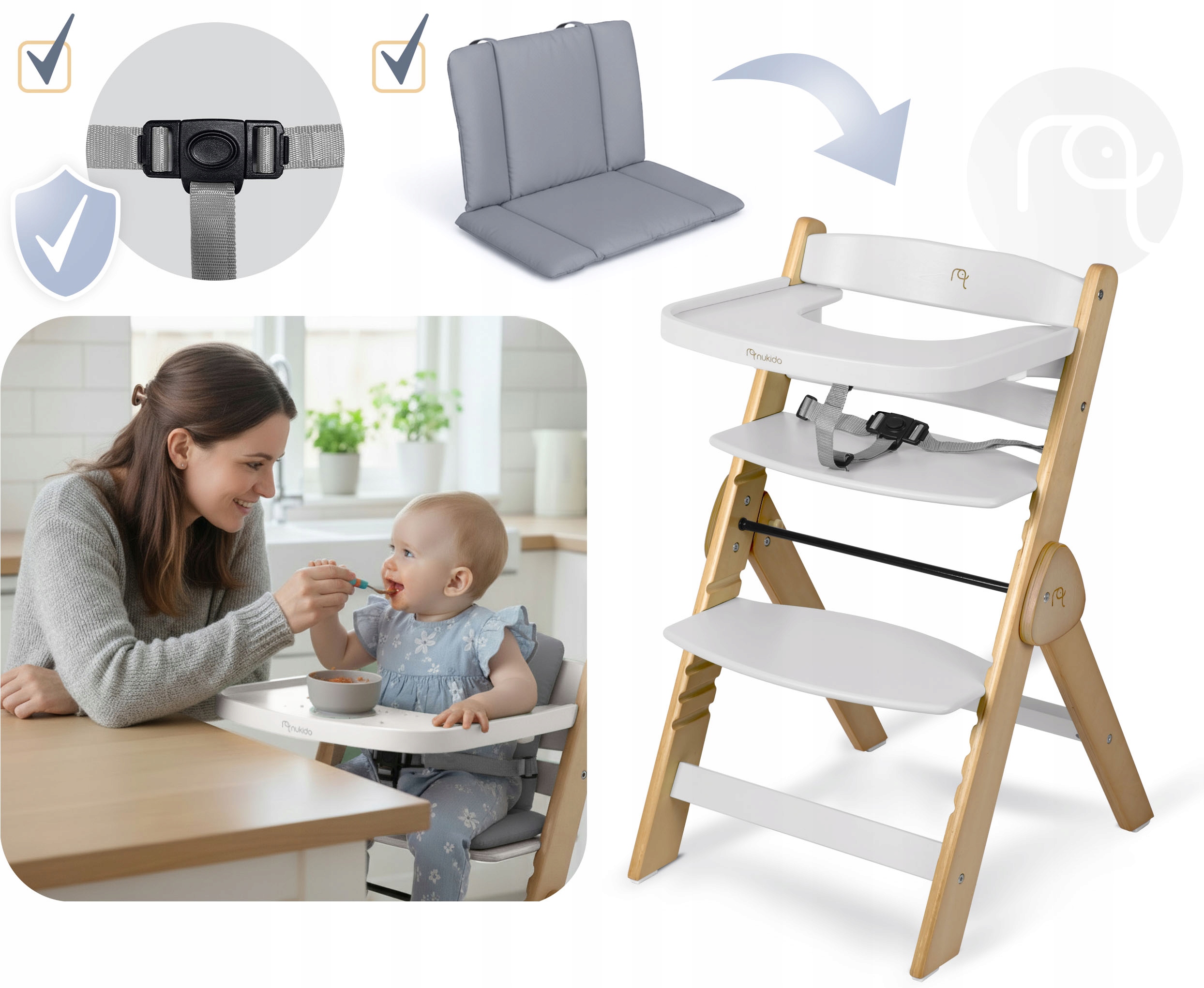 ZLOŽLJIV LESENI OTROŠKI STOL z nastavljivimi trakovi NUKIDO. Teža stola: 6 kg.