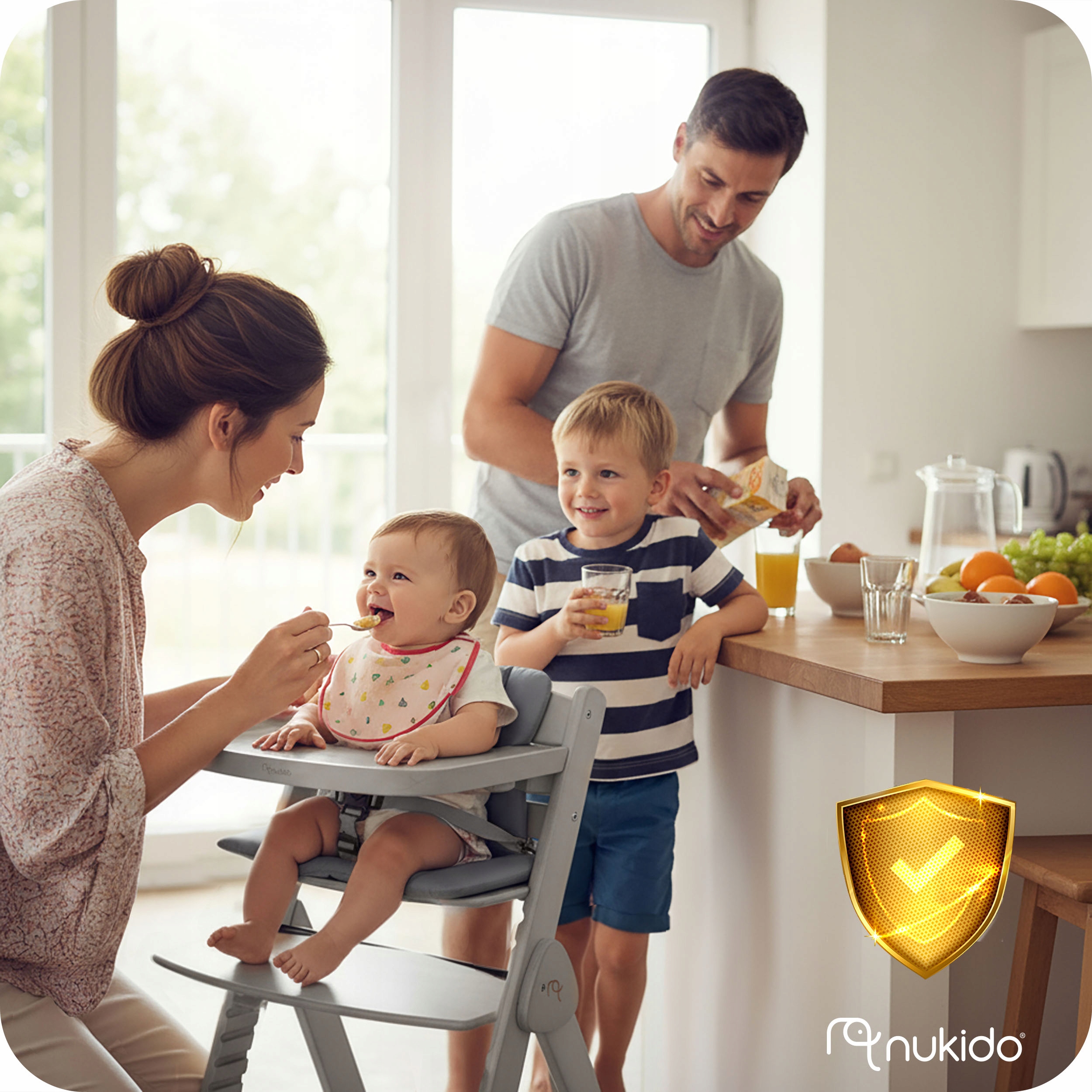 LESENI ZLOŽLJIVI STOL z nastavljivimi trakovi. Za otroke, starejše od 6 mesecev.