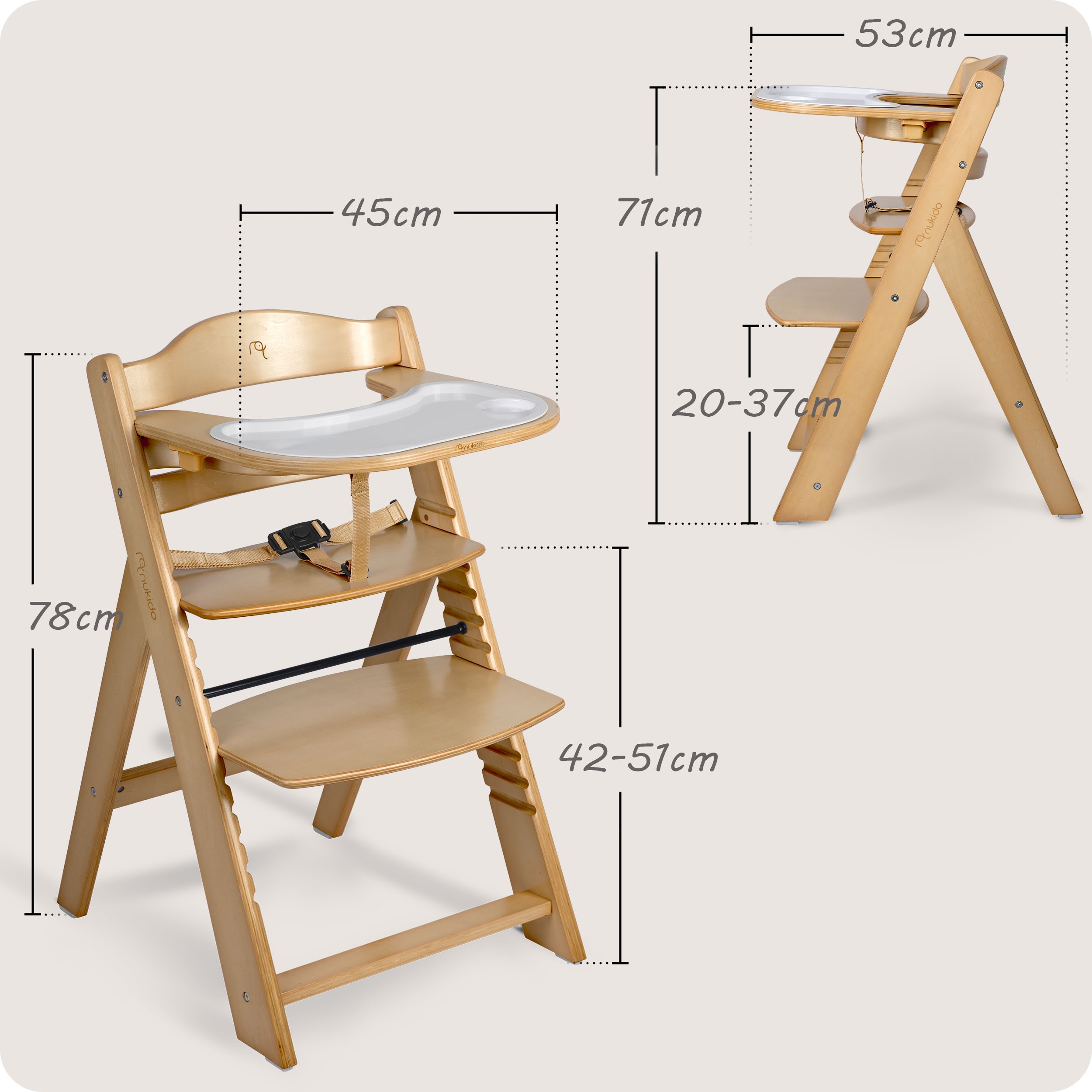 LESENI PLADENJ ZA HRANJENJE OTROK MOČNI NASTAVLJIVI TRAKOVI Nukido Največja teža otroka 50 kg