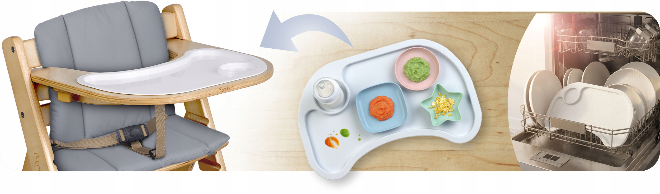 LESENI STOLČEK ZA HRANJENJE S PLASTIČNIM IZDELKOM Z MOČNIMI NASTAVLJIVIMI TRAKOVI Nukido Širina izdelka 45 cm