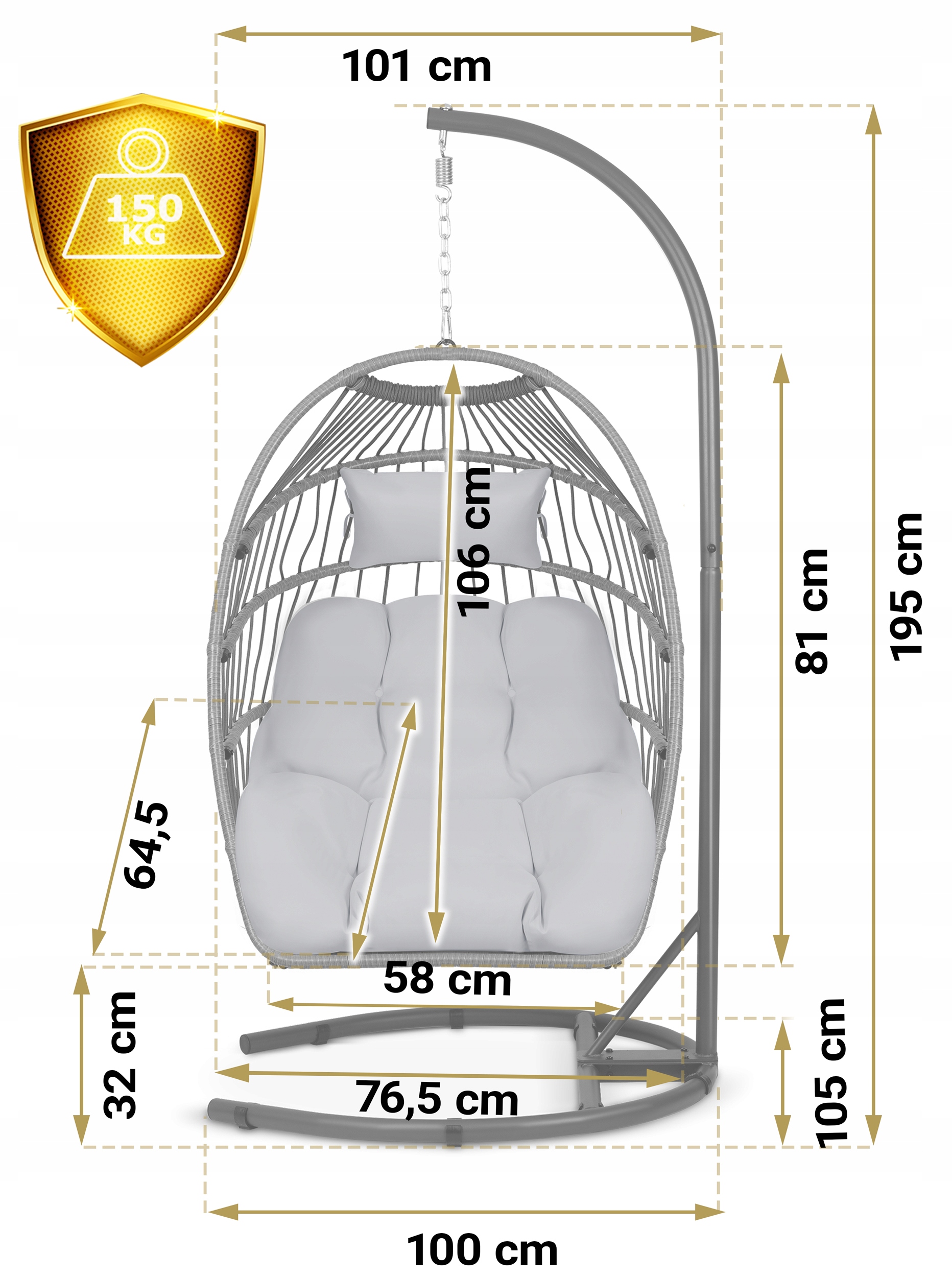 Viseči vrtni stol Luisiana siv + sive blazine Sofotel Največja višina 195 cm