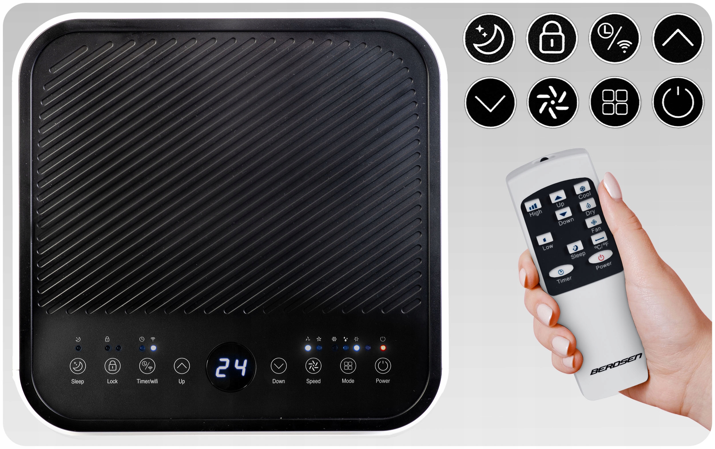 PRENOSNA KLIMATSKA NAPRAVA 2,6 kW 30 m2 RAZVLAŽILEC ZRAKA 24 l/24 h WiFi BERDSEN 9000 BTU Funkcije hlajenje razvlaževanje prezračevanje