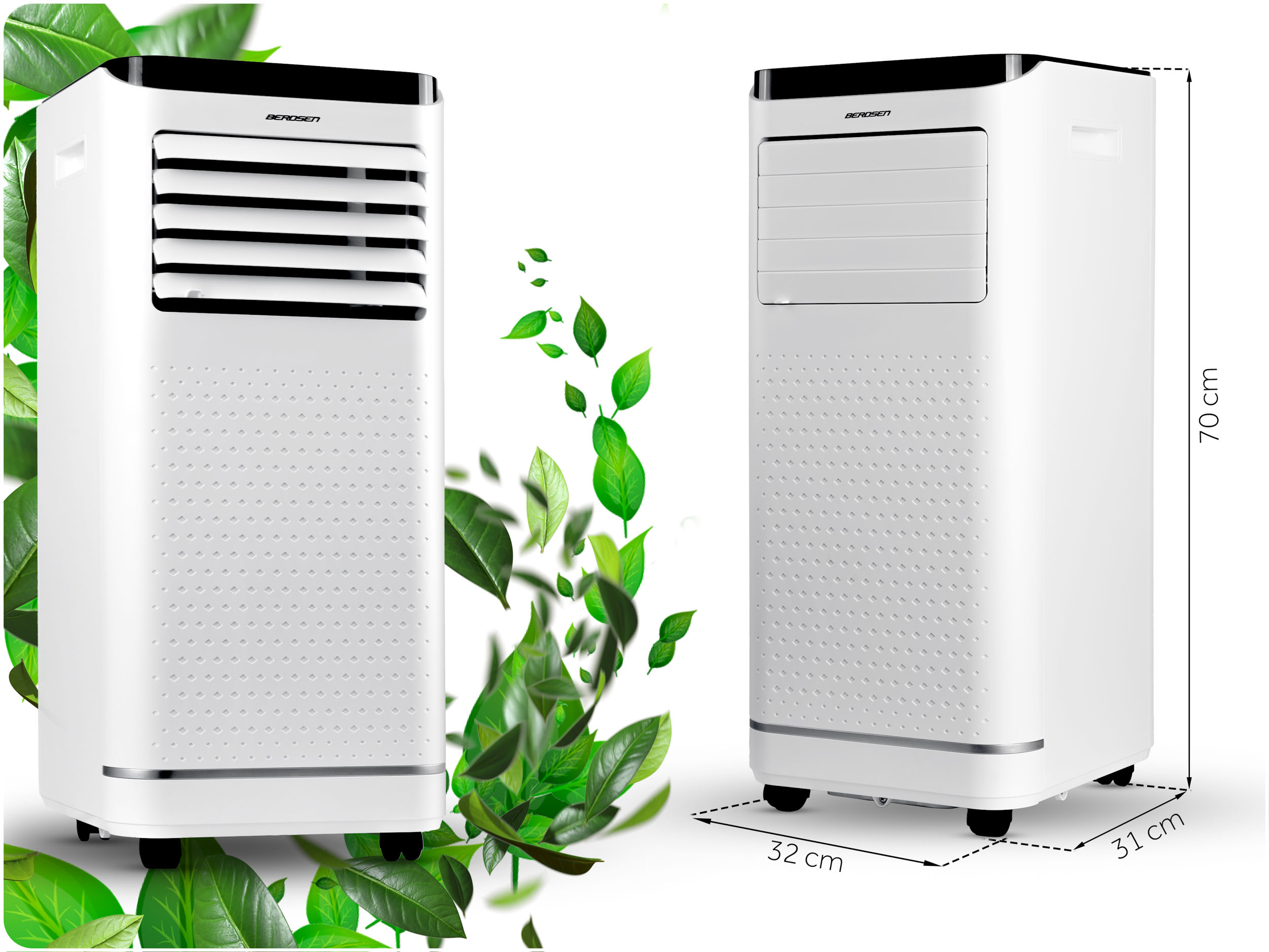 PRENOSNA KLIMATSKA NAPRAVA 2,6 kW 30 m2 RAZVLAŽILEC ZRAKA 24 l/24 h WiFi BERDSEN 9000 BTU Energijski razred - hlajenje A