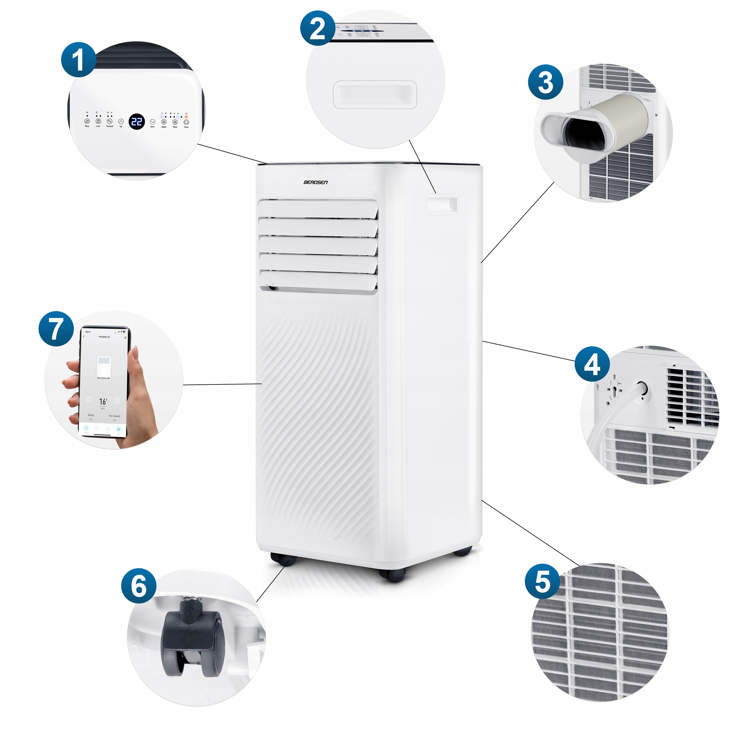 PRENOSNA KLIMATSKA NAPRAVA 2,6 kW 30 m2 RAZVLAŽILEC ZRAKA 24 l/24 h WiFi BERDSEN 9000 BTU Koda proizvajalca 358200