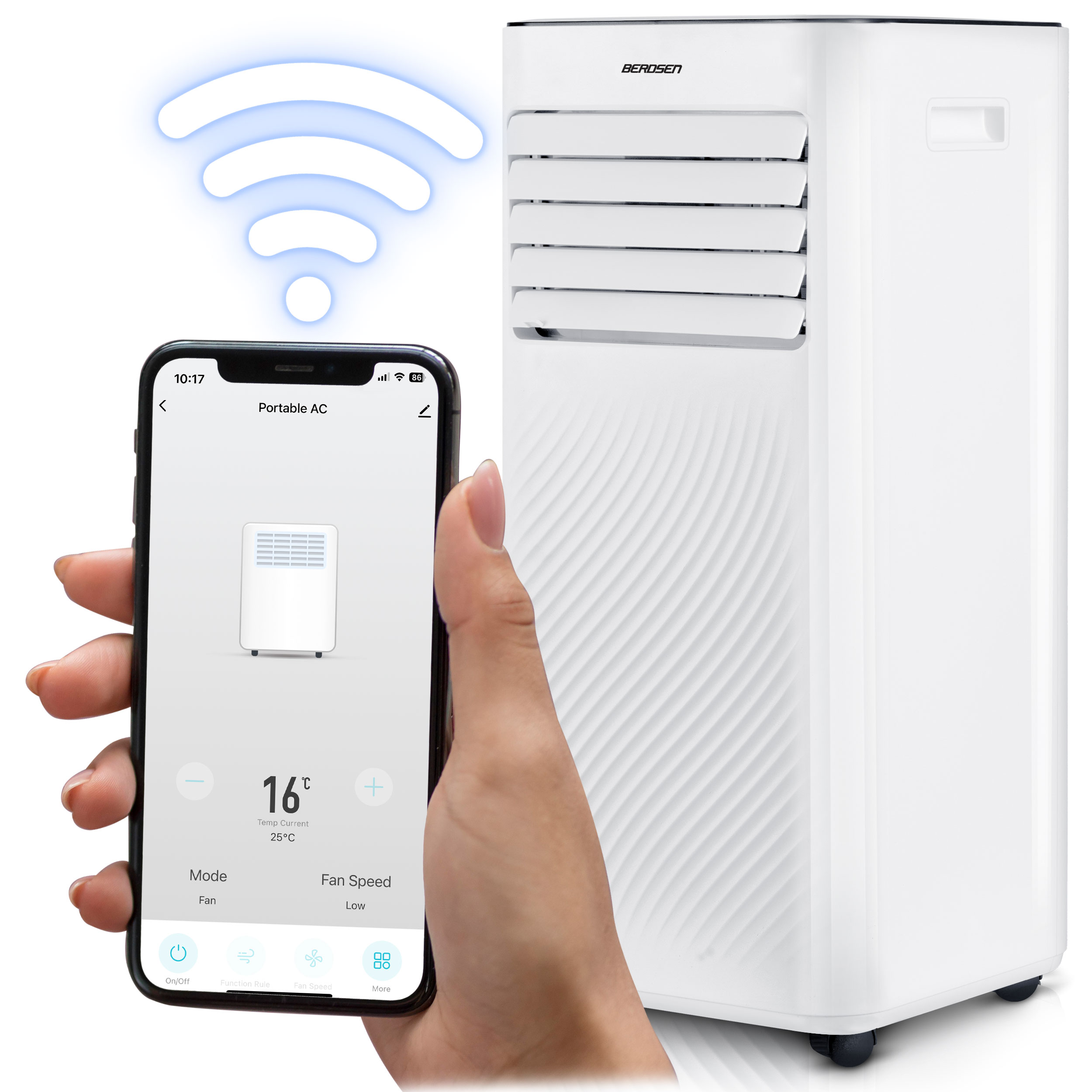 PRENOSNA KLIMATSKA NAPRAVA 2,6 kW 30 m2 RAZVLAŽILEC ZRAKA 24 l/24 h WiFi BERDSEN 9000 BTU Znamka Berdsen