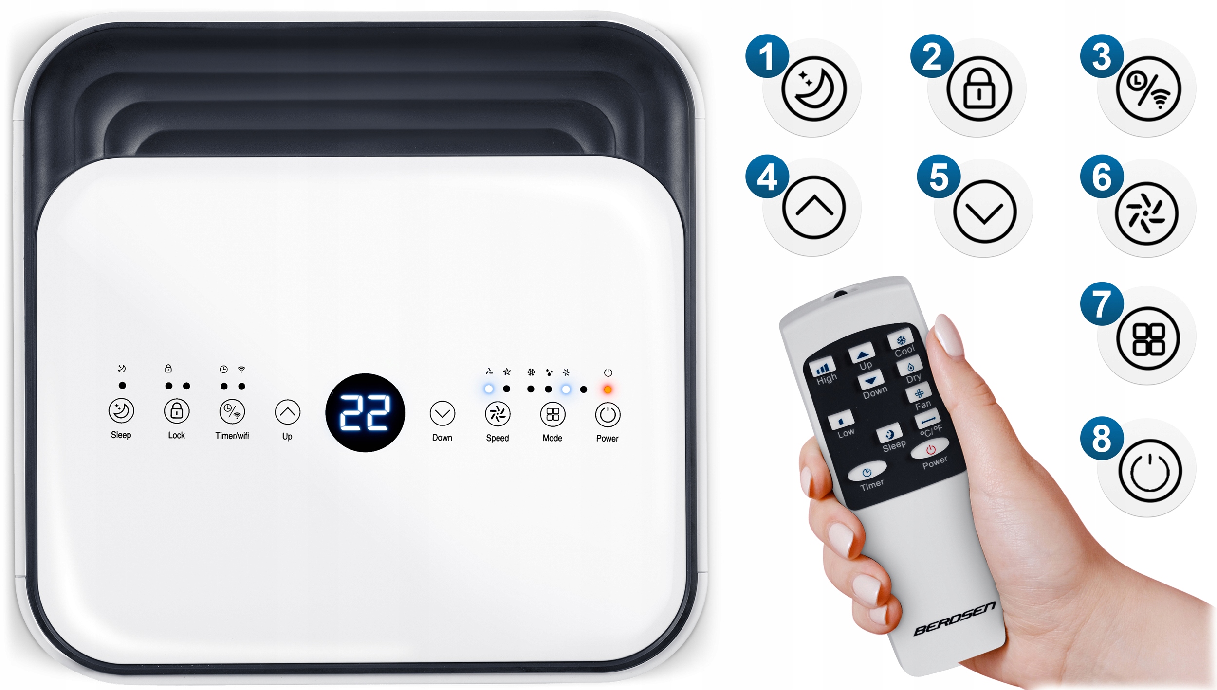 PRENOSNA KLIMATSKA NAPRAVA 2,6 kW 30 m2 RAZVLAŽILEC ZRAKA 24 l/24 h WiFi BERDSEN 9000 BTU Moč ogrevanja 0 W