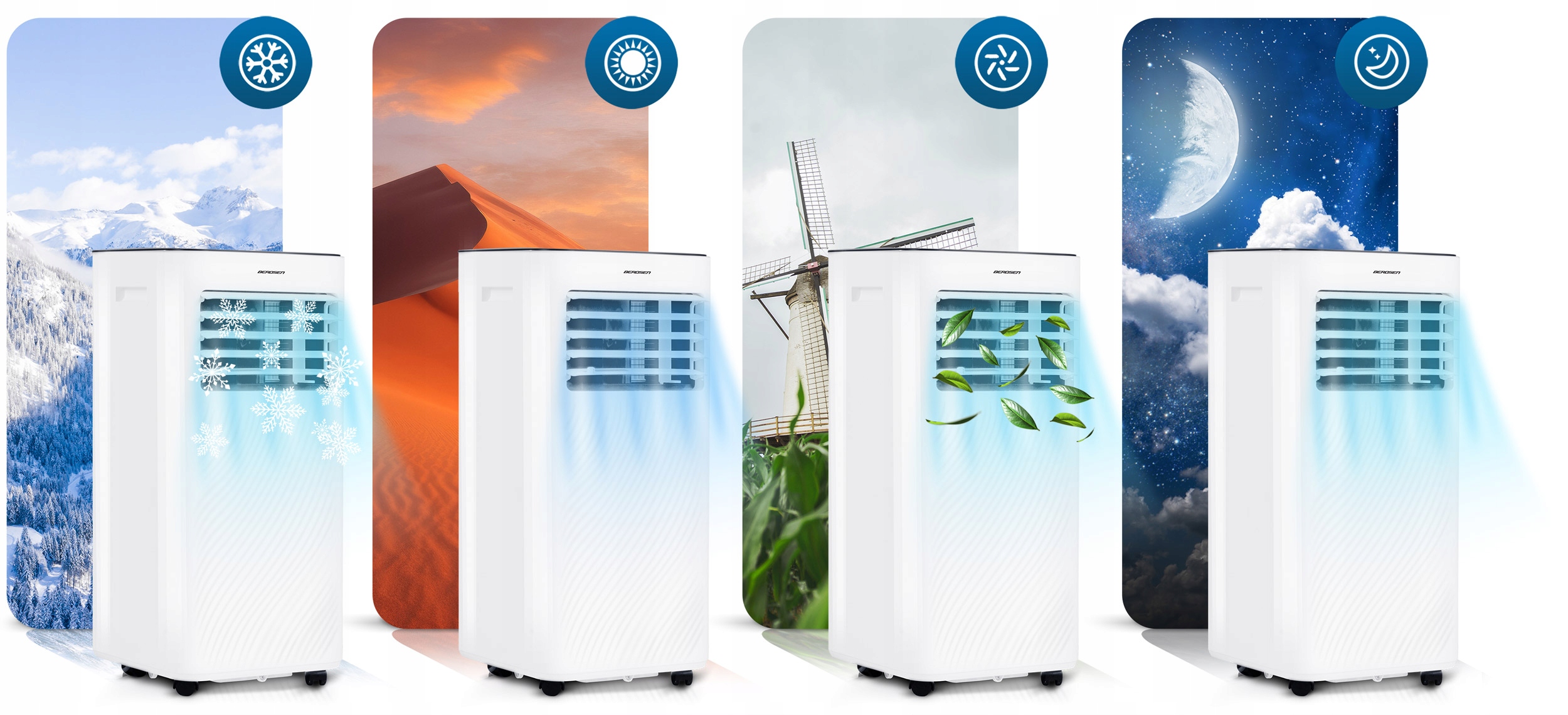 PRENOSNA KLIMATSKA NAPRAVA 2,6 kW 30 m2 RAZVLAŽILEC ZRAKA 24 l/24 h WiFi BERDSEN 9000 BTU Razpon energijske učinkovitosti A - G