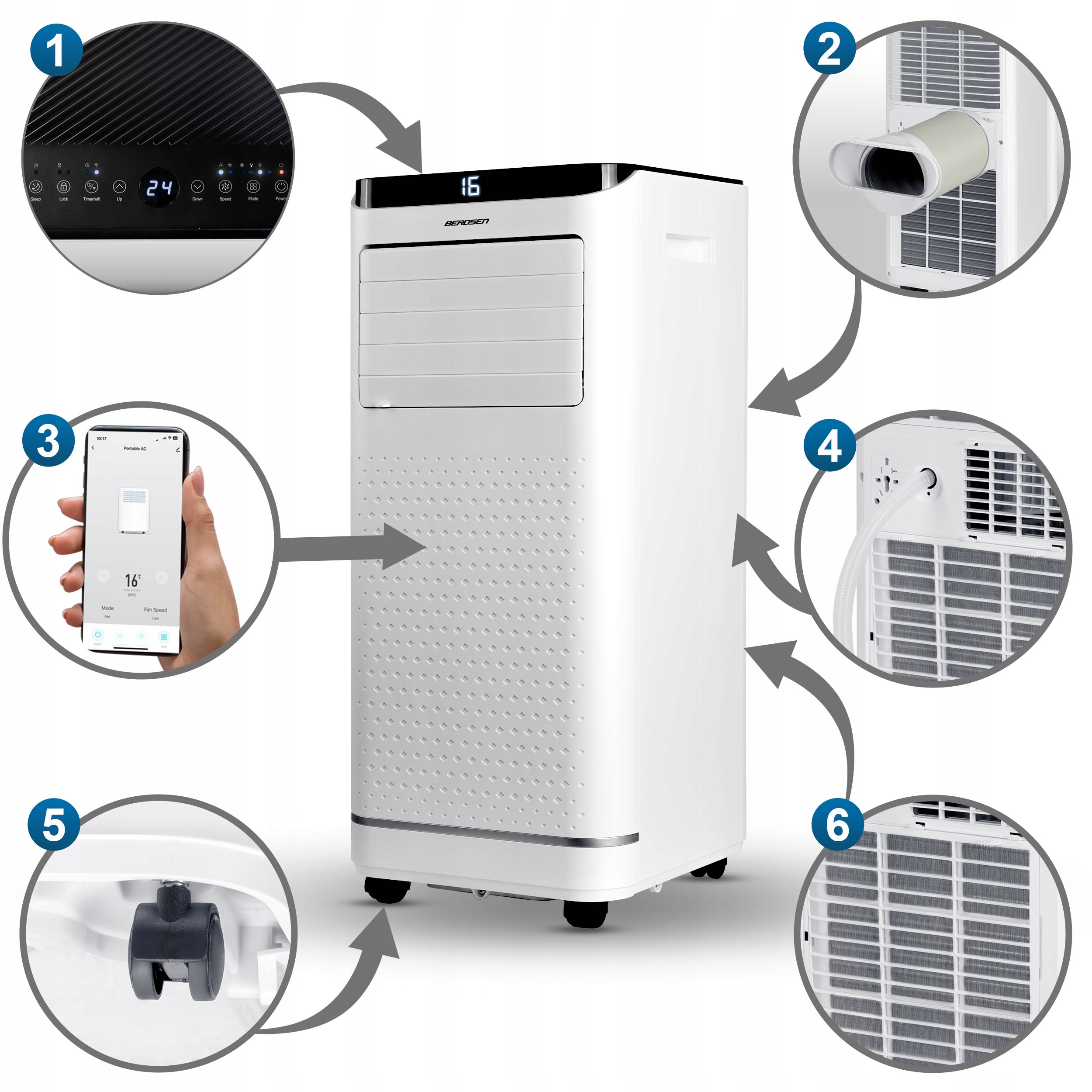 PRENOSNA KLIMATSKA NAPRAVA 2,6 kW 30 m2 RAZVLAŽILEC ZRAKA 24 l/24 h WiFi BERDSEN 9000 BTU Priporočena največja velikost prostora 40 m²