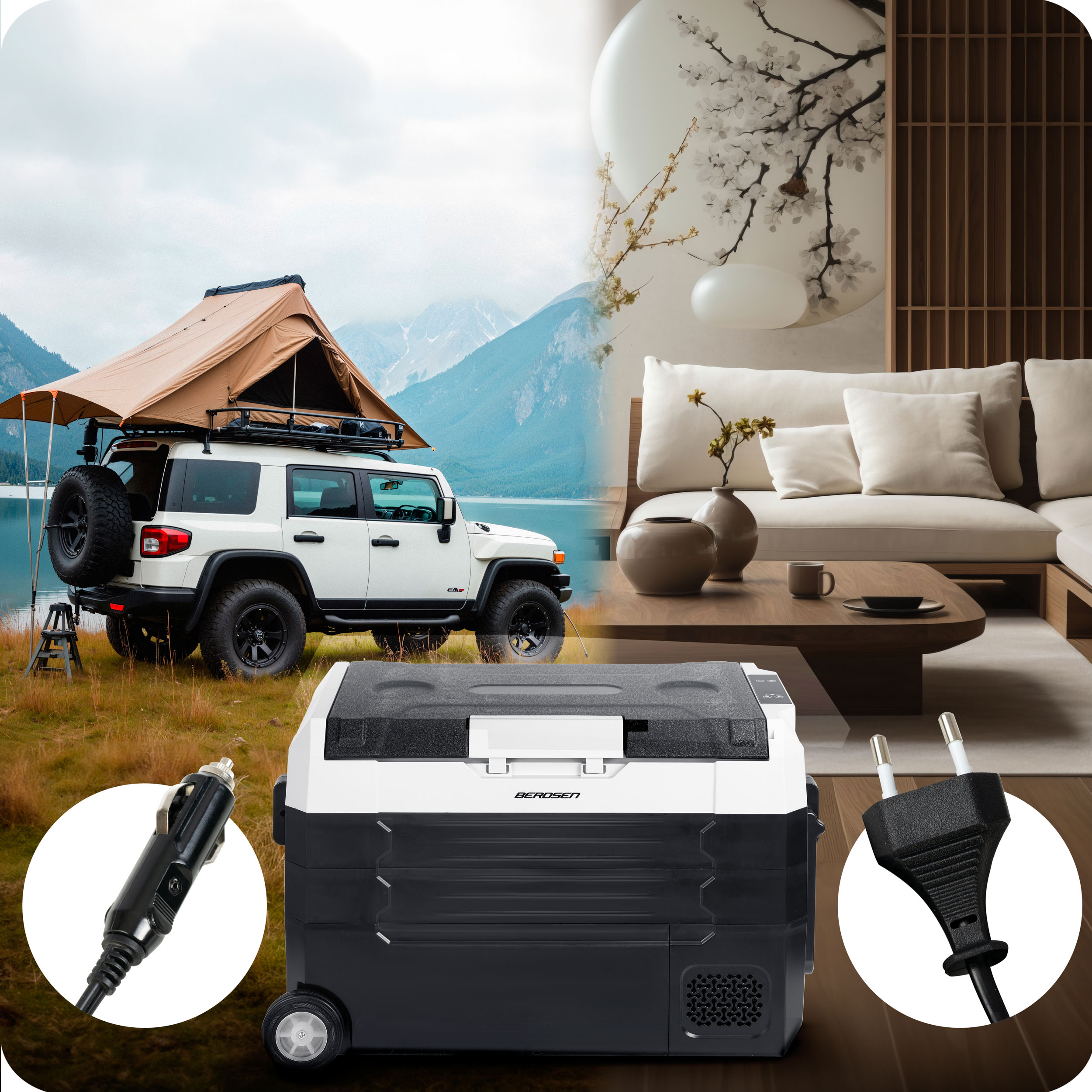 KOMPRESORSKI AVTOMOBILSKI POTOVALNI HLADILNIK 40 L ZAMRZOVALNIK 12 V 100–240 V Dodatne funkcije kolesa držalo za steklenice predal za kabel ročaj ECO način