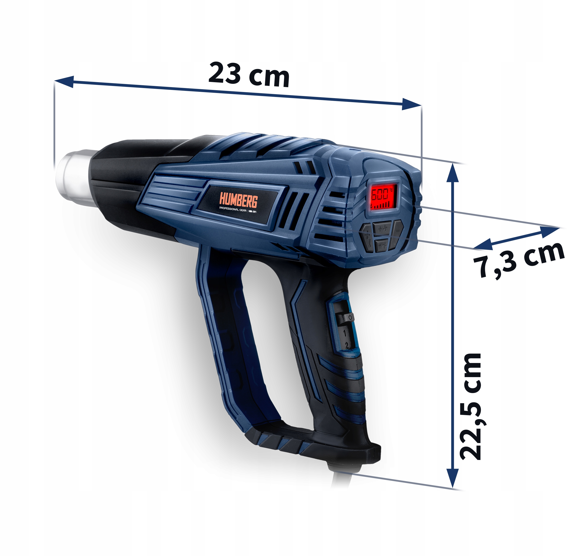 ELEKTRIČNA TOPLOŠČNA PIŠTOLA 2000 W GLADKA REGULACIJA TEMPERATURE 60–600 °C 4 ŠOBE HUMBERG EAN (GTIN) 5903890621858