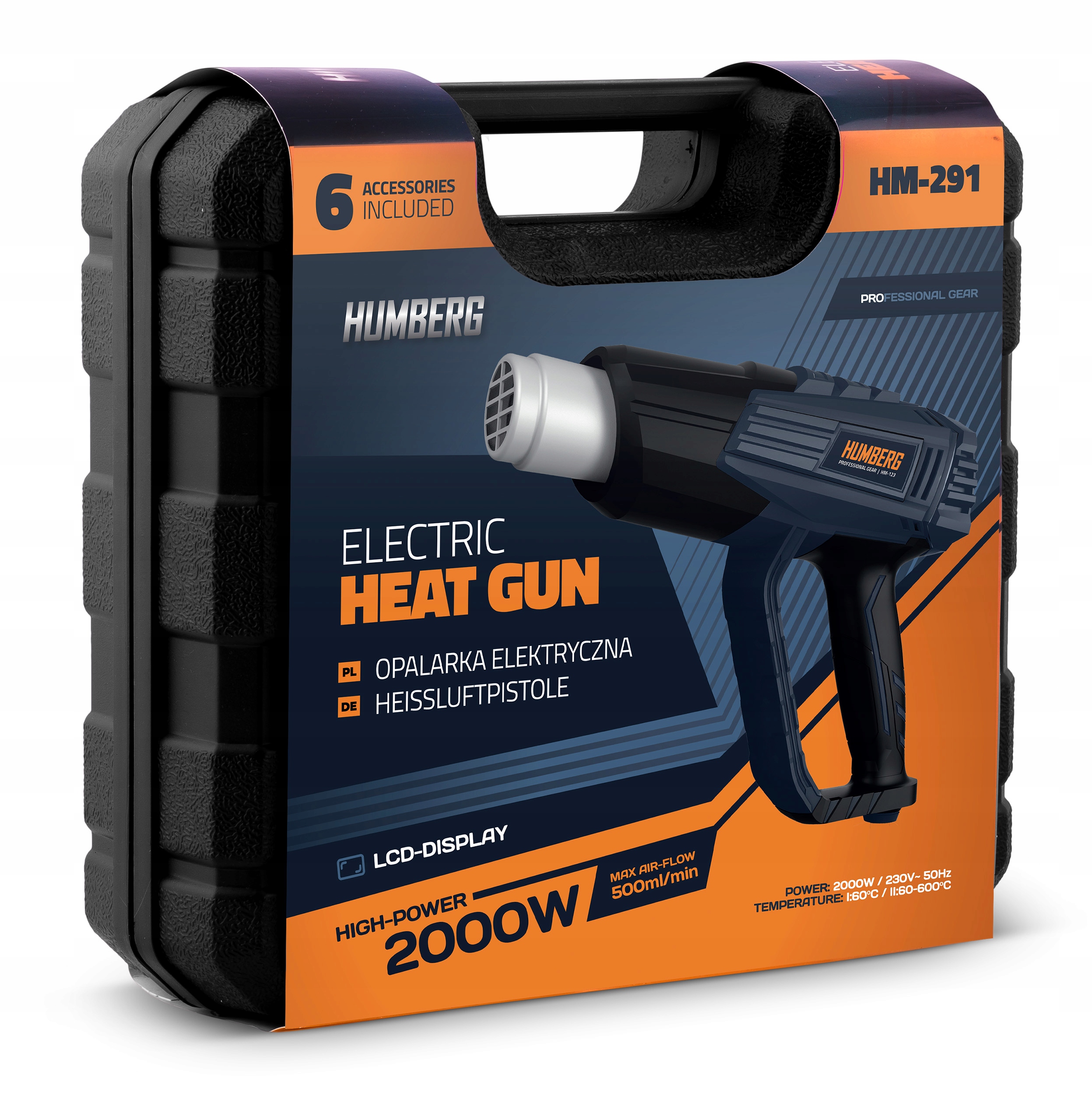 ELEKTRIČNA TOPLOŠČNA PIŠTOLA 2000 W GLADKA REGULACIJA TEMPERATURE 60–600 °C 4 ŠOBE HUMBERG Varnostne informacije CE