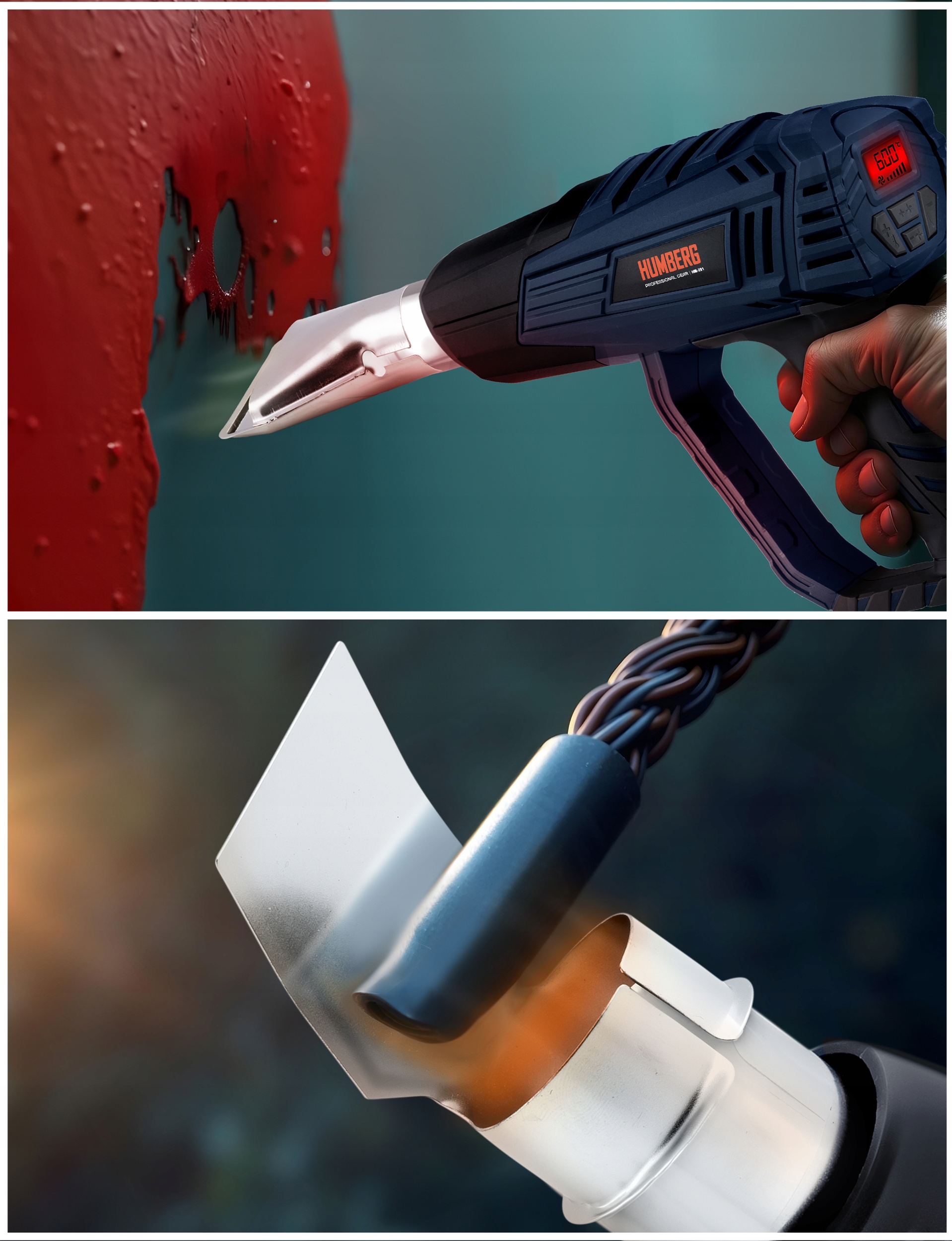 ELEKTRIČNA TOPLOŠČNA PIŠTOLA 2000 W GLADKA REGULACIJA TEMPERATURE 60–600 °C 4 ŠOBE HUMBERG Moč 2000 W