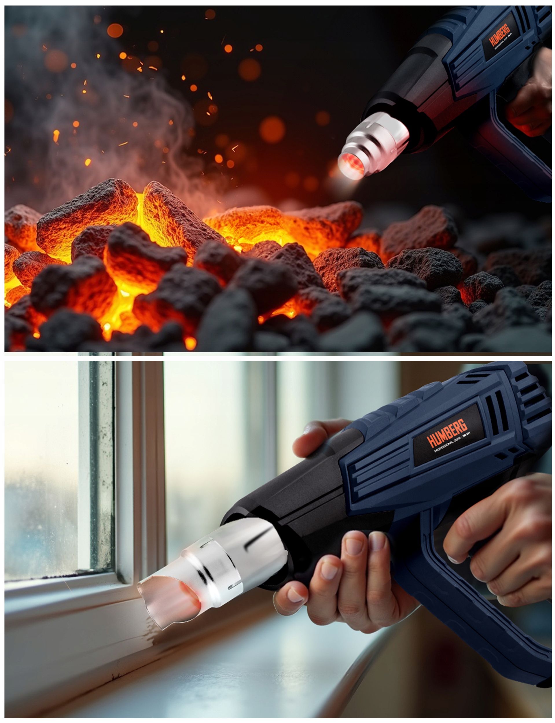 ELEKTRIČNI GRELNIK ZA VSE VREME 2000 W GLADKA REGULACIJA TEMPERATURE 60–600 °C 4 ŠOBE HUMBERG Napajalna napetost 230 V