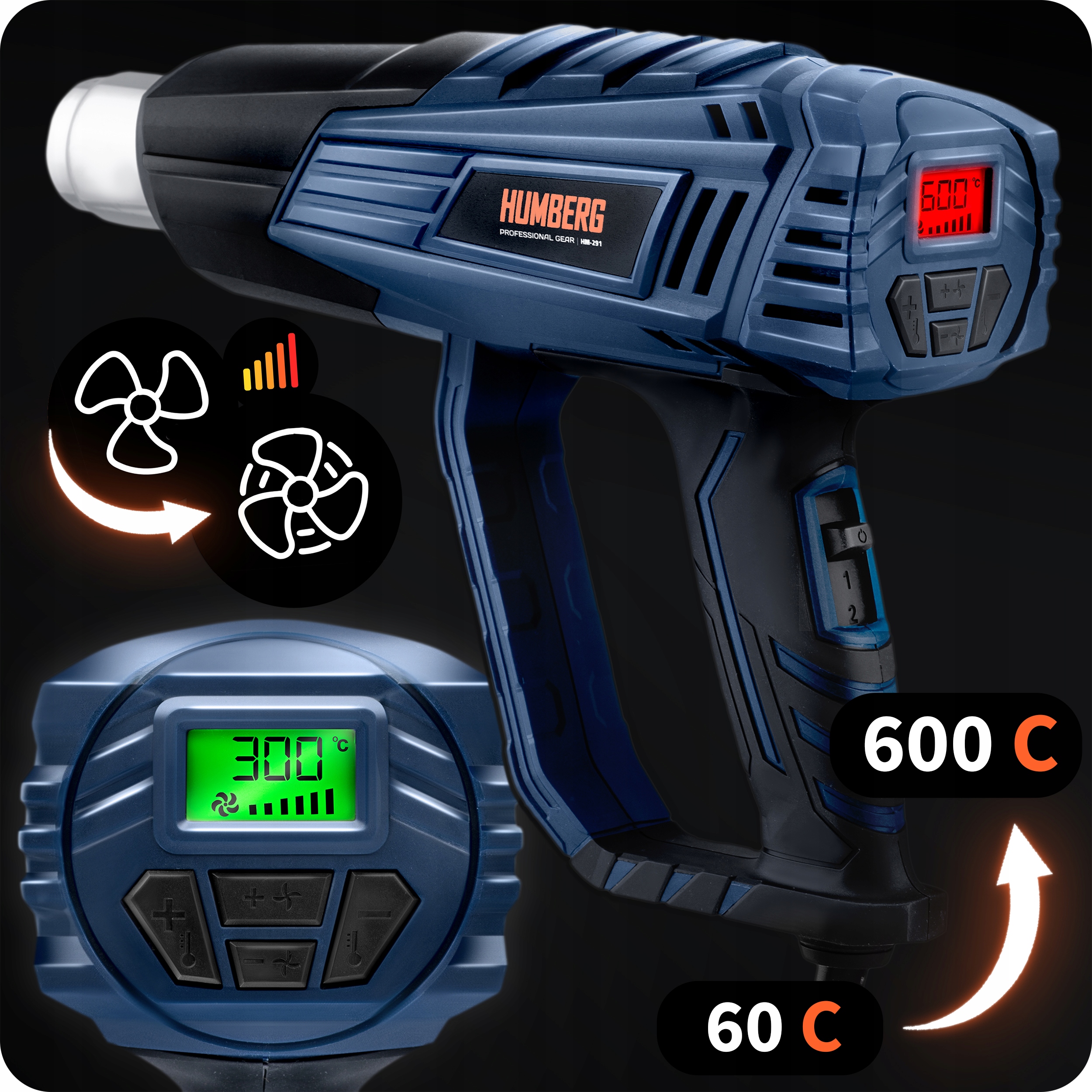 ELEKTRIČNA TERMO PIŠTOLA 2000 W GLADKA REGULACIJA TEMPERATURE 60-600C 4 ŠOBE HUMBERG HM-291 serija