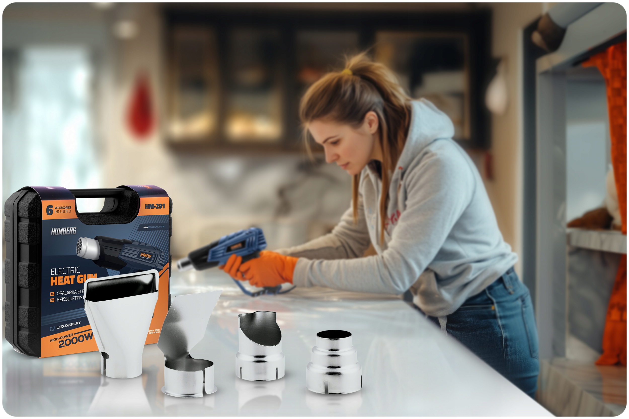 ELEKTRIČNA TERMO PIŠTOLA ZA VREMENSKE PRIMERE 2000 W GLADKA REGULACIJA TEMPERATURE 60–600 °C 4 ŠOBE HUMBERG Najvišja temperatura 600 °C