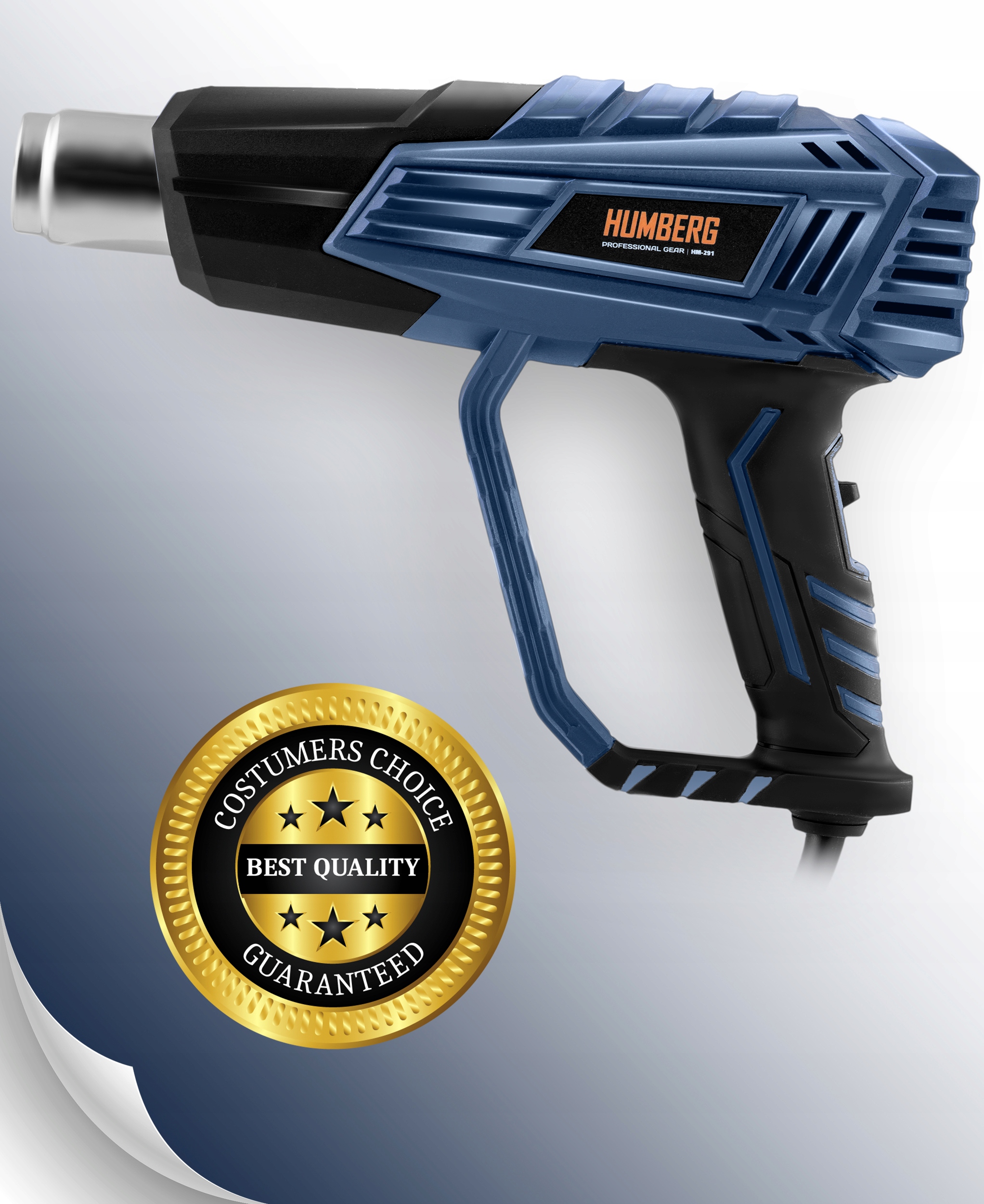 ELEKTRIČNA TOPLOŠČNA PIŠTOLA 2000 W GLADKA REGULACIJA TEMPERATURE 60–600 °C 4 ŠOBE HUMBERG Pretok zraka 500 l/min