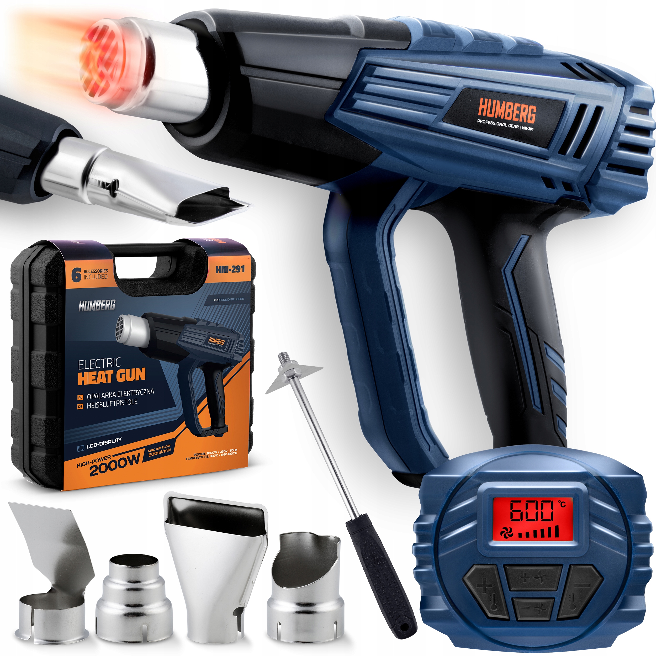 ELEKTRIČNA PIŠTOLA ZA STRANIŠČE 2000 W GLADKA REGULACIJA TEMPERATURE 60–600 °C 4 ŠOBE HUMBERG