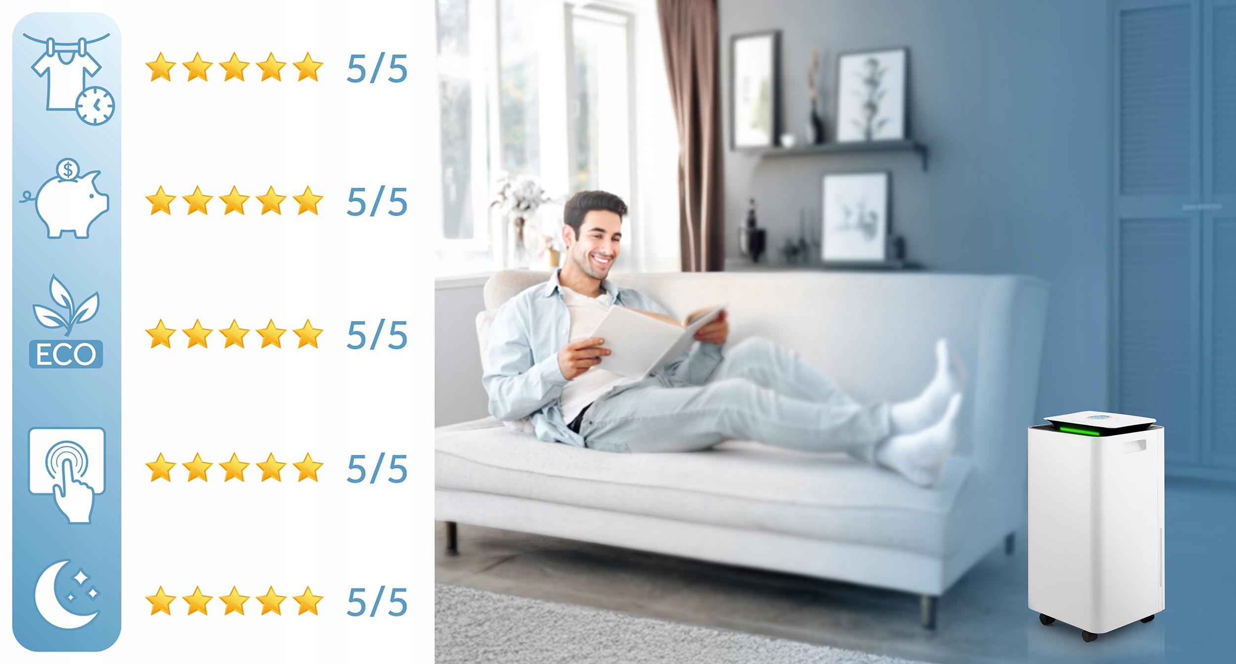 KOMPRESORSKI RAZVLAŽILEC ZRAKA ABSORBTOR VLAGE 12 l/24 h HIGROSTAT ČASOVNIK Funkcije naprave samodejni izklop higrometer higrostat nočna lučka časovnik regulacija hitrosti