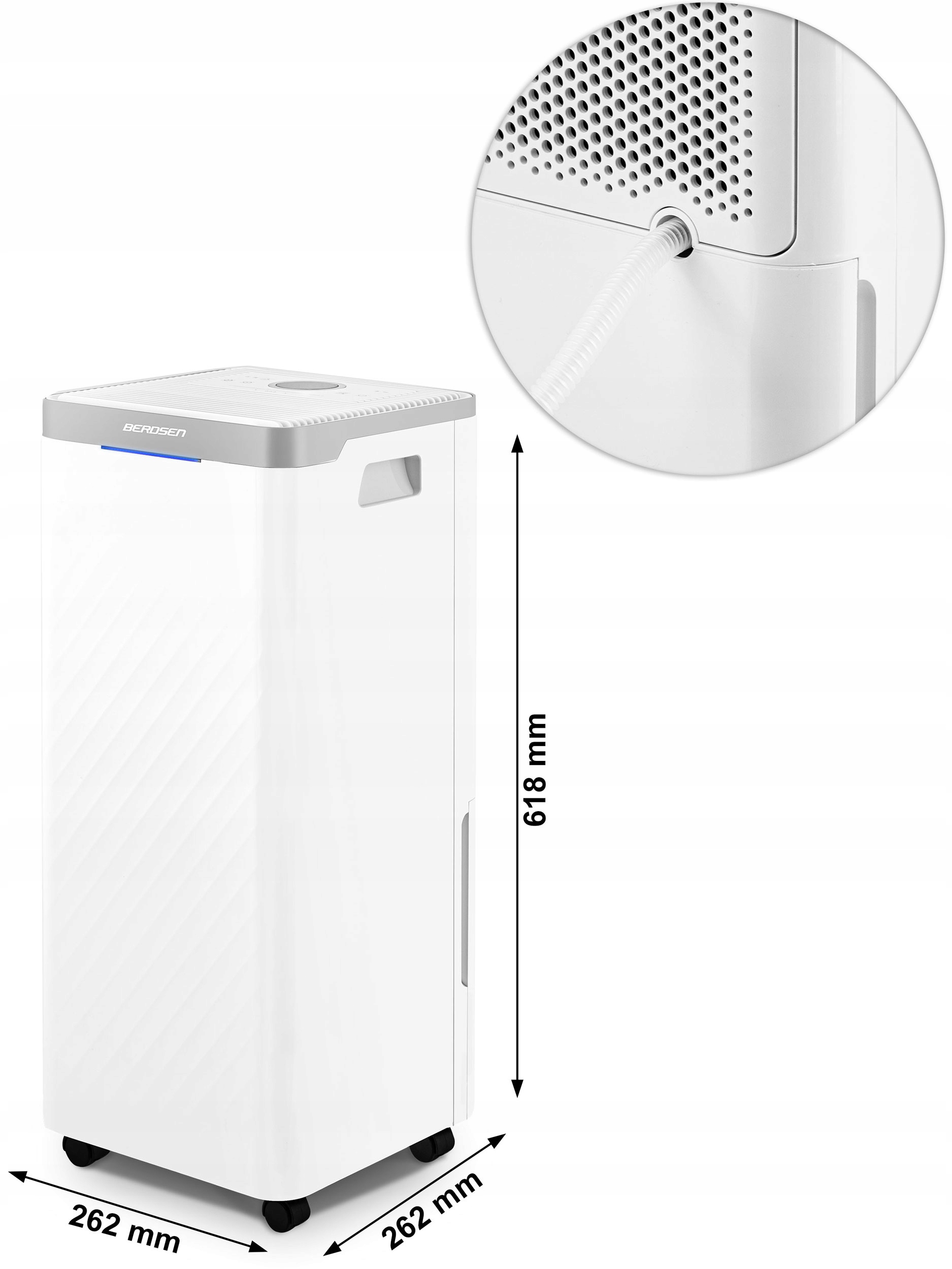 KOMPRESORSKI RAZVLAŽILNIK ZRAKA ABSORBTOR VLAGE 20 l/24 h HIGROSTAT ČASOVNIK Načini delovanja: čiščenje, odvajanje vode, odtajanje