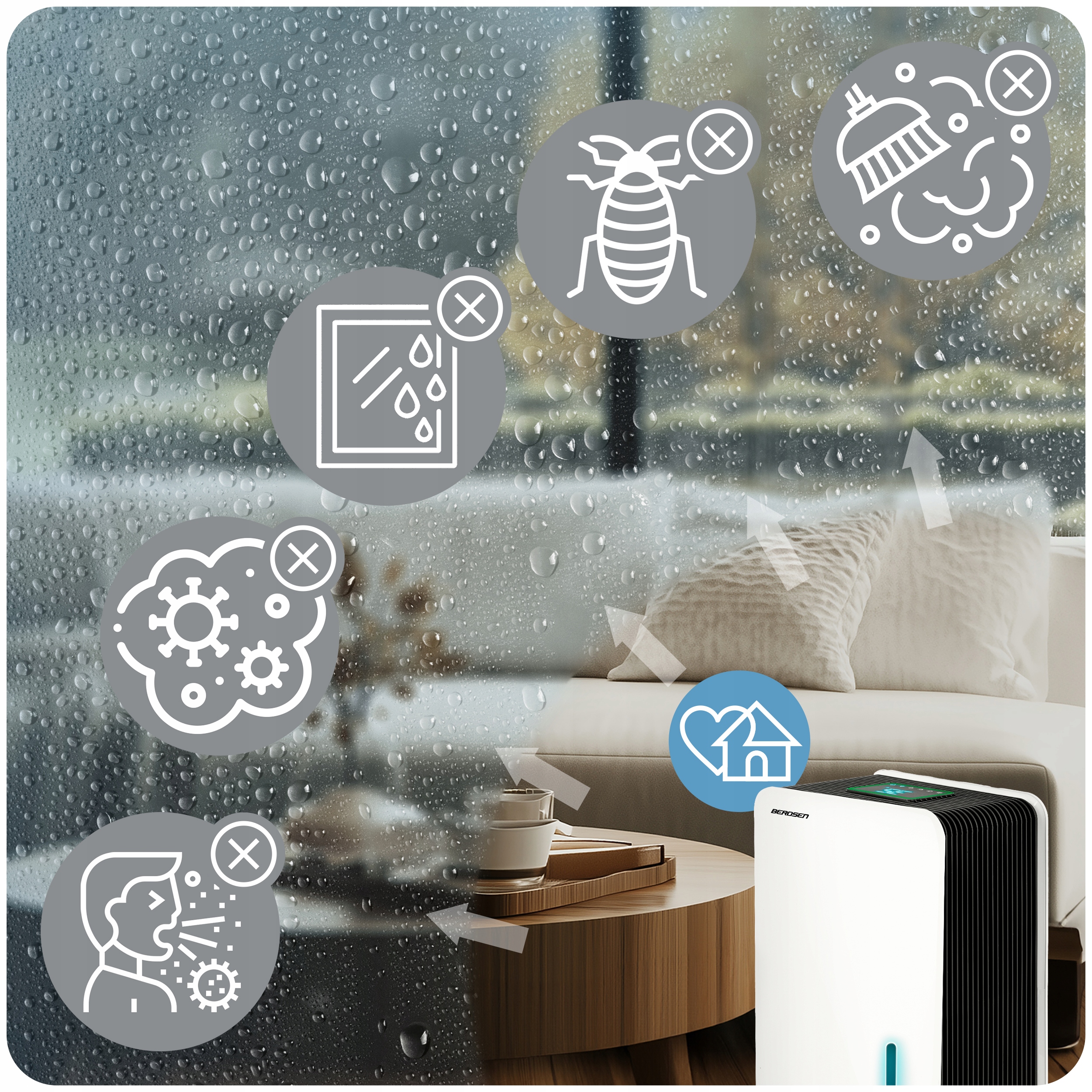 RAZVLAŽILEC ZRAKA Z VLAGO 64W HEPA 34dB ČASOVNIK LED Berdsen Prevladujoča bela barva