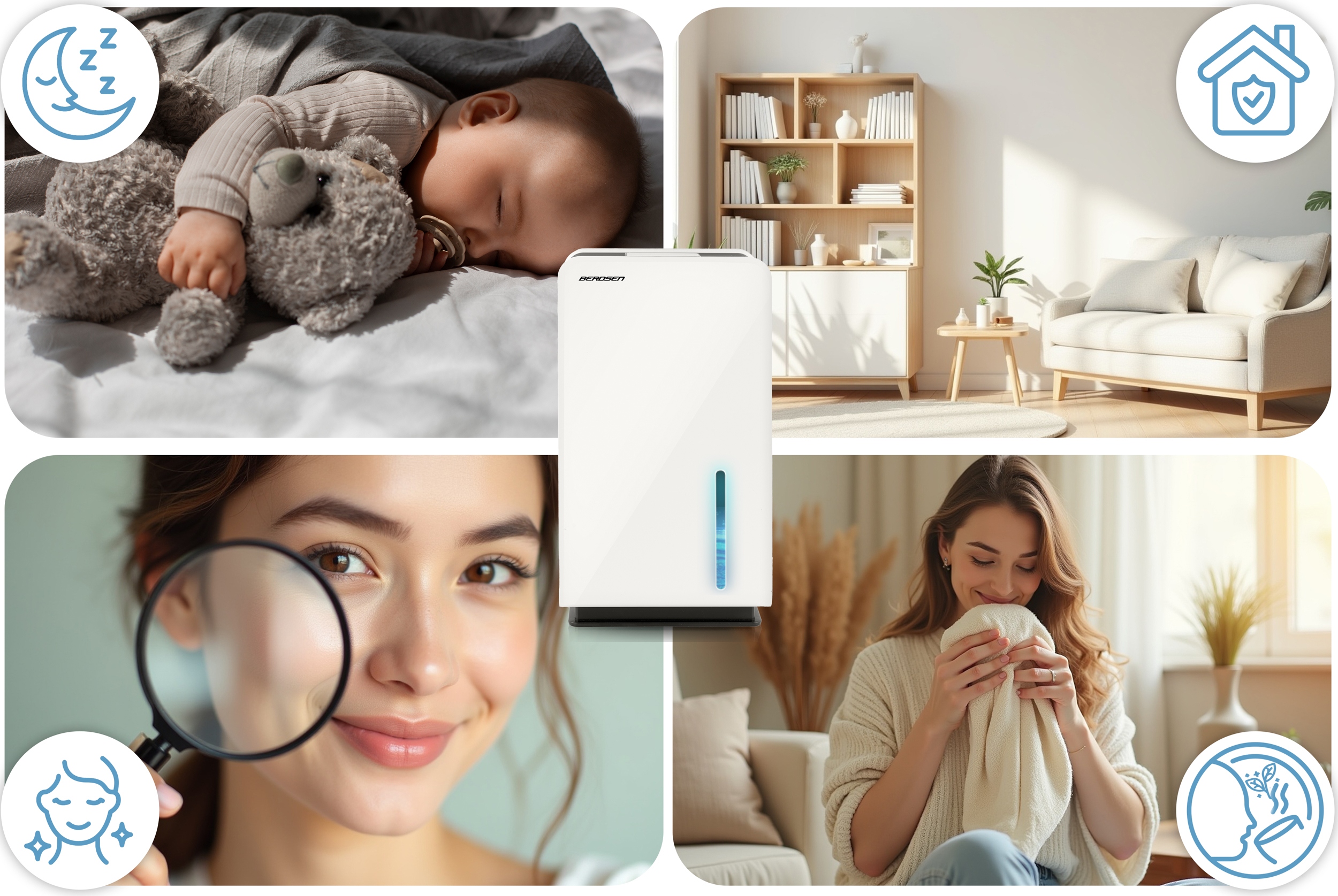 RAZVLAŽILEC ZRAKA Z VLAGO 64W HEPA 34dB ČASOVNIK LED Berdsen komunikacijska nadzorna plošča na dotik indikatorska lučka zvočni signal indikator nivoja vode zaslon