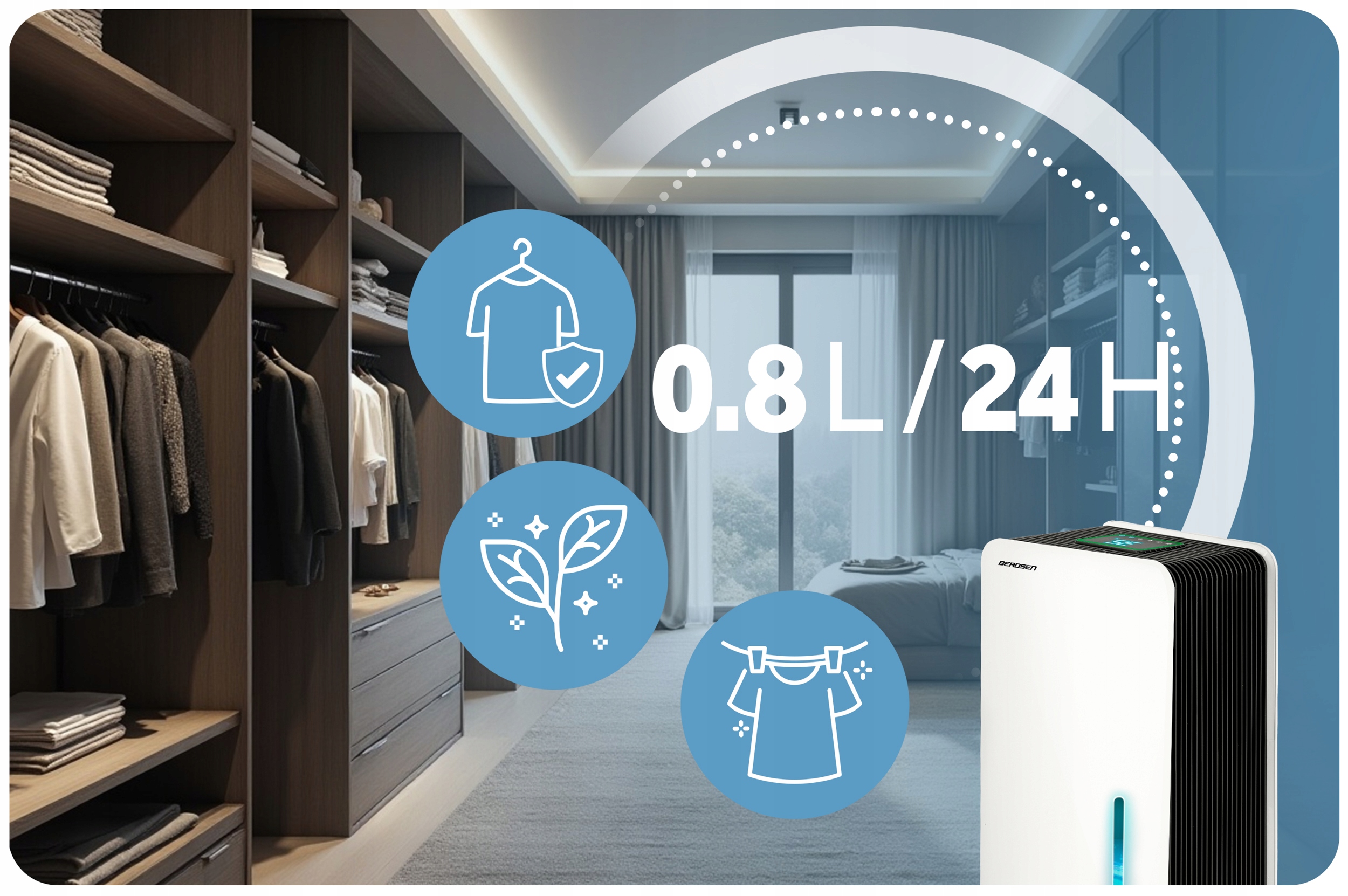 RAZVLAŽILEC ZRAKA Z VLAGO 64W HEPA 34dB ČASOVNIK LED Berdsen Raven hrupa 50 dB