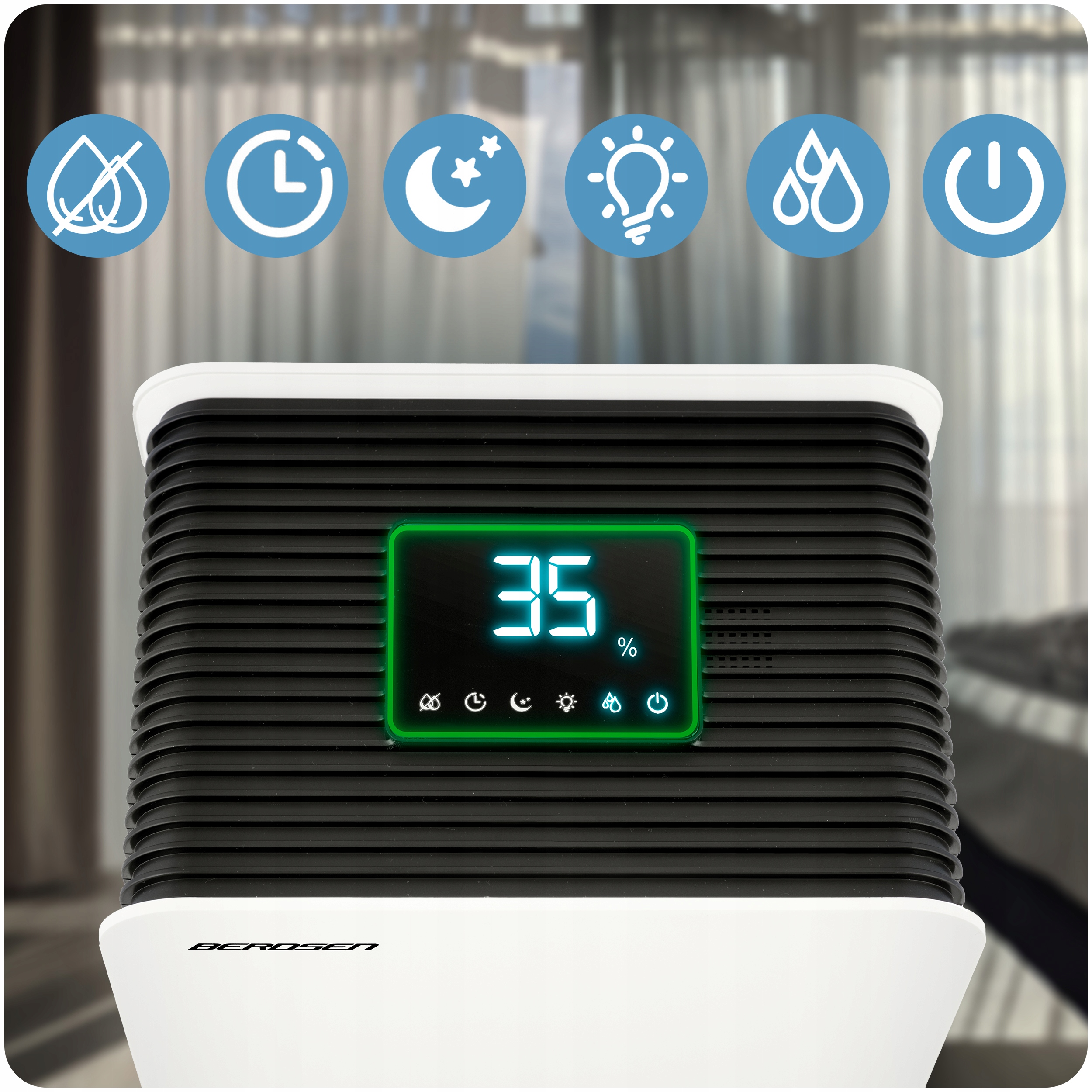 RAZVLAŽILEC ZRAKA Z VLAGO 64 W HEPA 34 dB ČASOVNIK LED Berdsen učinkovitost 0,8 l/24 h
