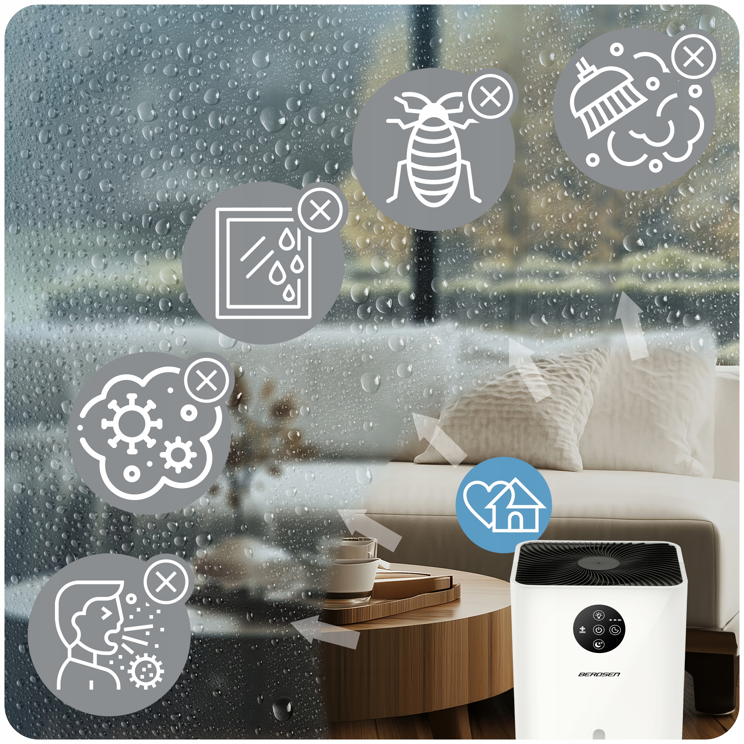 RAZVLAŽILEC ZRAKA Z AVSORCIJO VLAGE TIHI 34dB LED Berdsen 1,8L Učinkovitost 0,3 l/24 h