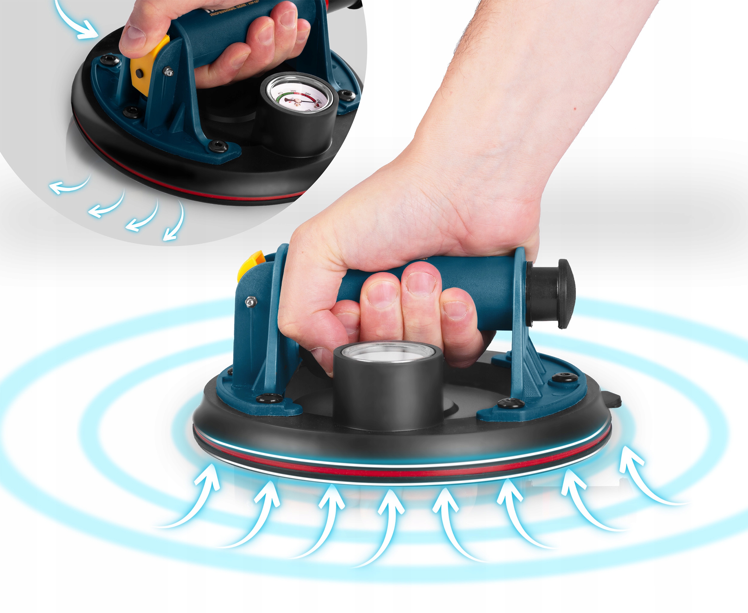 VAKUUMSKA POSODA ZA PLOŠČICE, ročaj s črpalko do 200 kg, manometer, serija vakuumskih priseskov Humberg