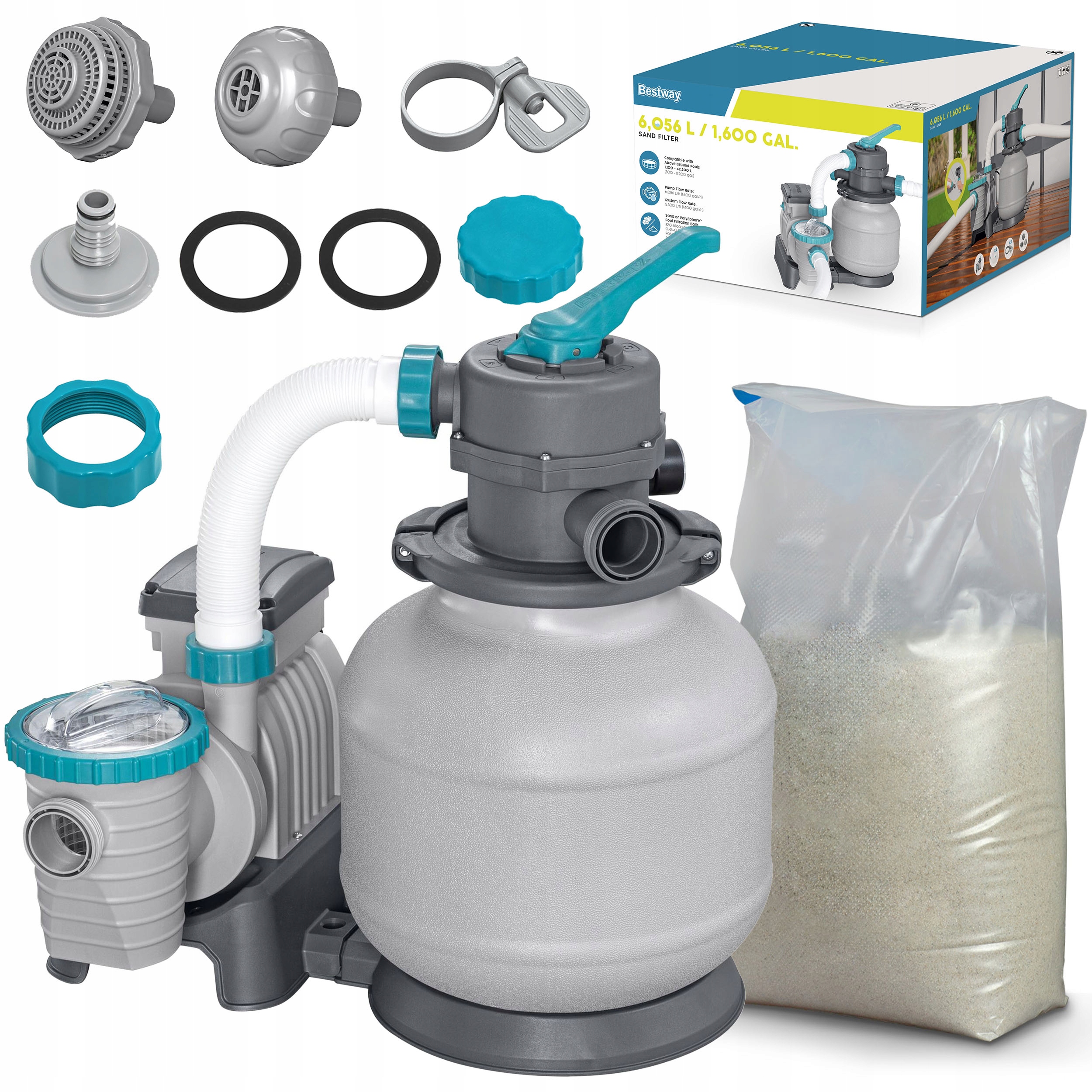 Filter za bazensko peščeno črpalko 6056 l/h + pesek 25 kg priključki za cev Bestway