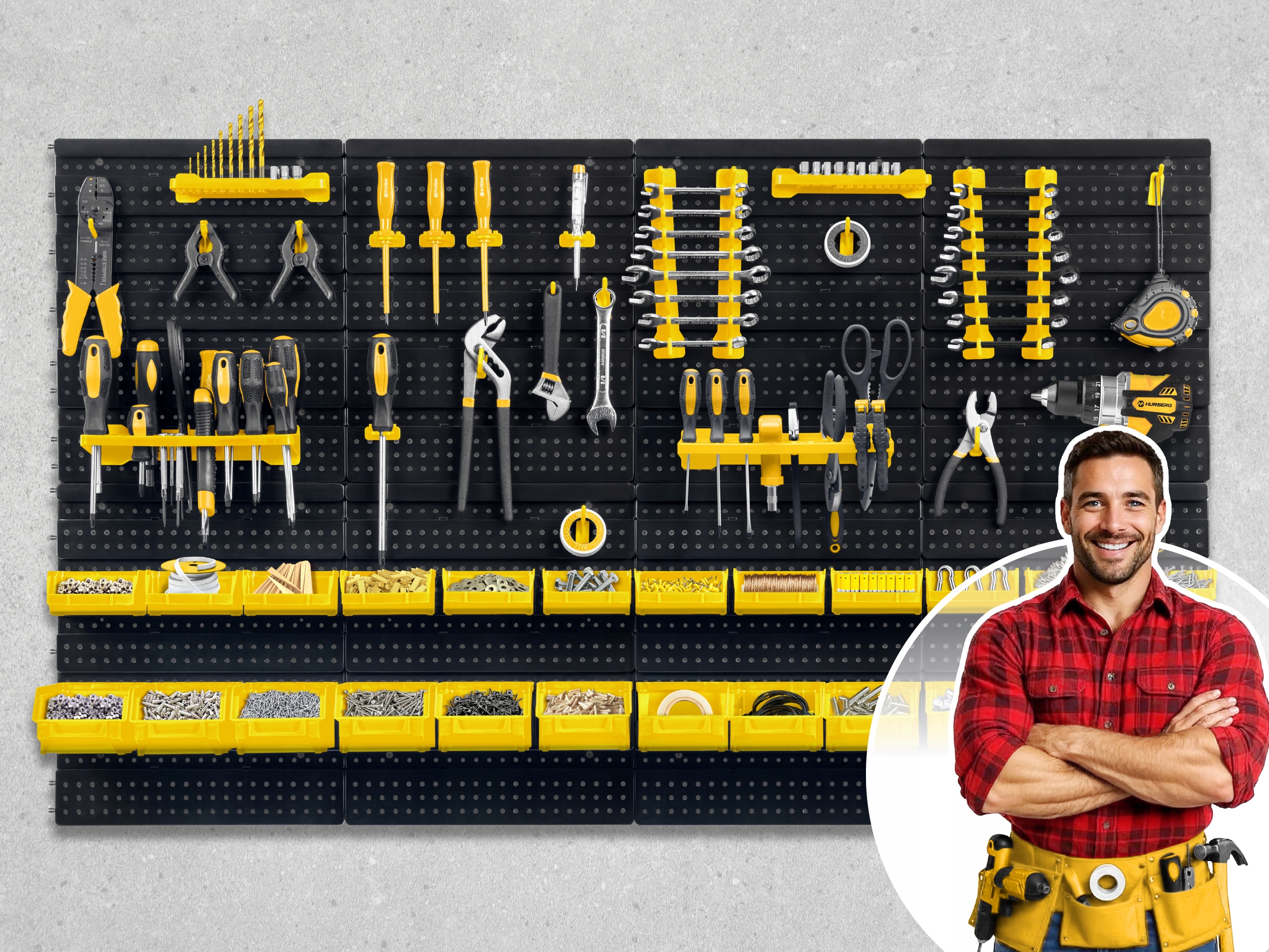 DELAVNIŠKA ORODNA PLOŠČA 128x76cm HUMBERG 54 elementov POLN komplet Dodatne lastnosti Stenske luknje za montažo elementov