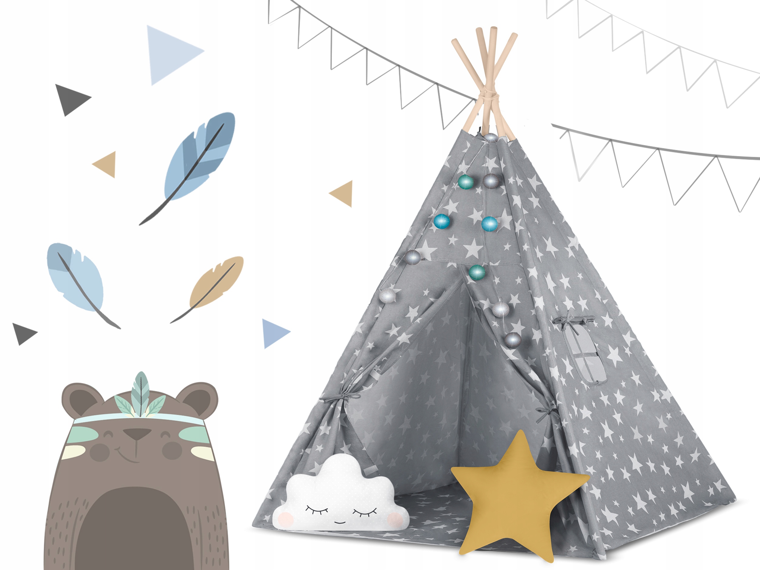 TIPI šotor wigwam za otroke TEEPEE blazine svetilke prevleka Nukido dodatki vključeni prevleka za blazino cofki drugo